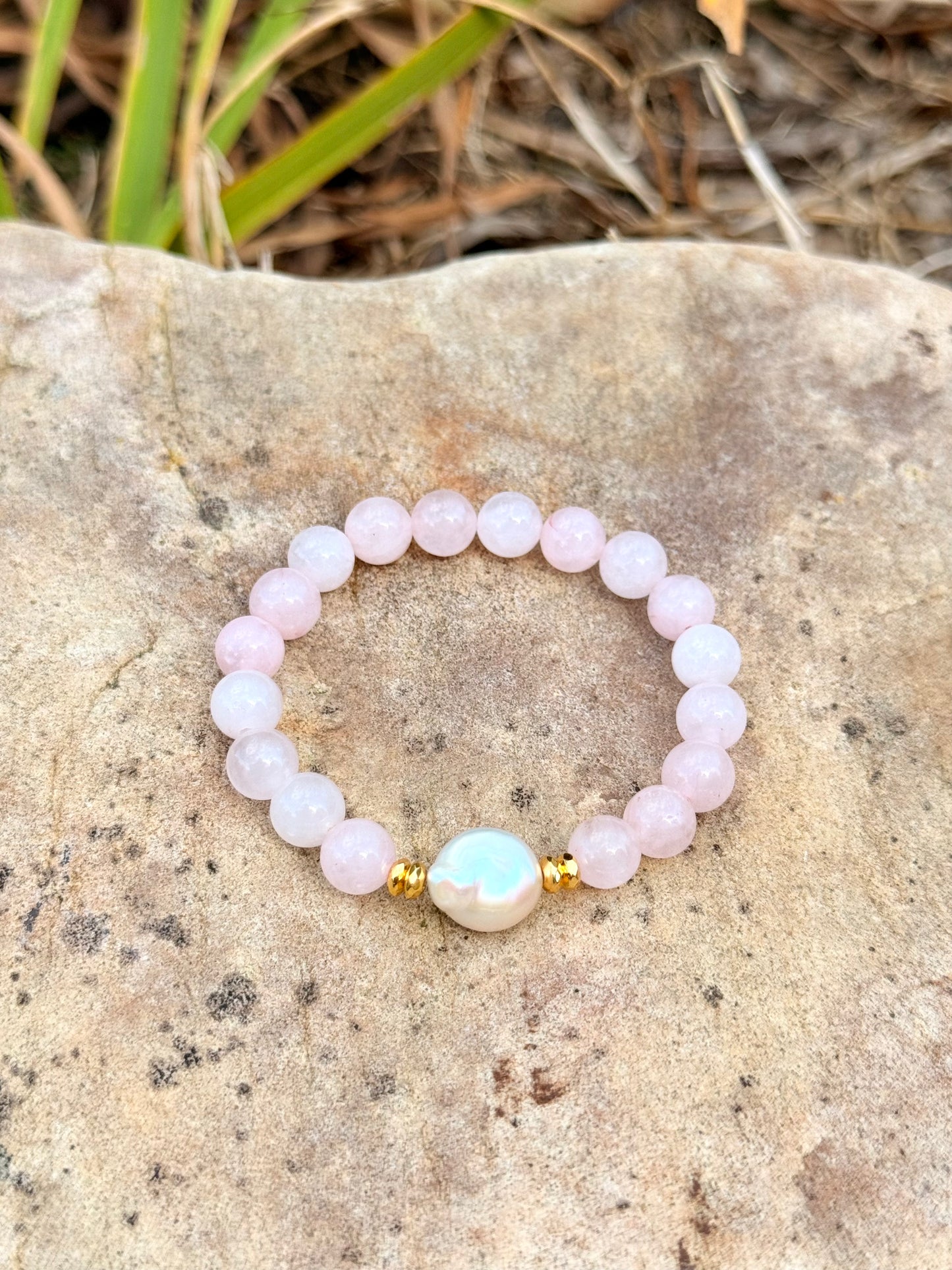 Rose Quartz - Small Round Freshwater Pearl Bracelet with Hematite Spacers