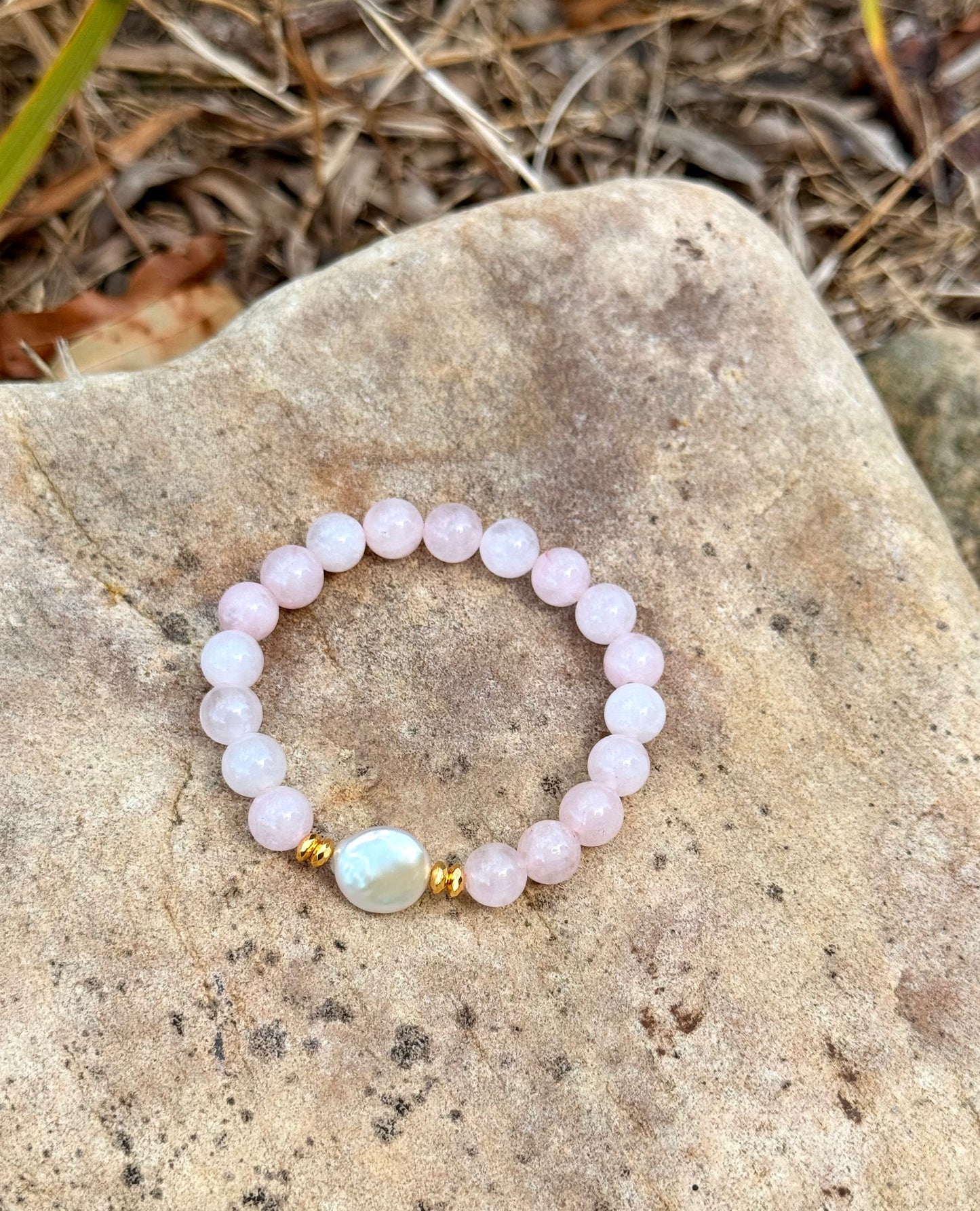 Rose Quartz - Small Round Freshwater Pearl Bracelet with Hematite Spacers