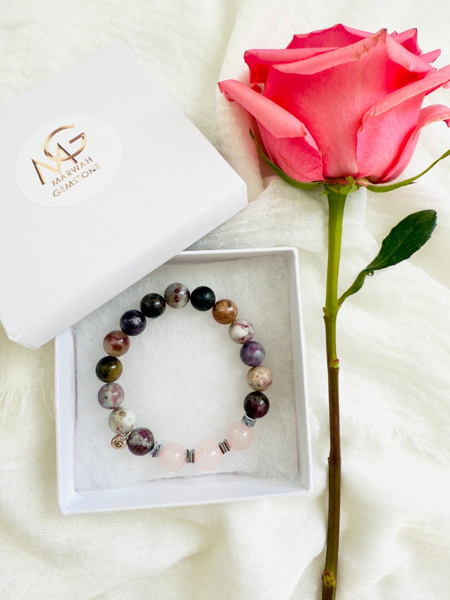 Tourmaline - Rose Quartz Bracelet With Hematite Spacers