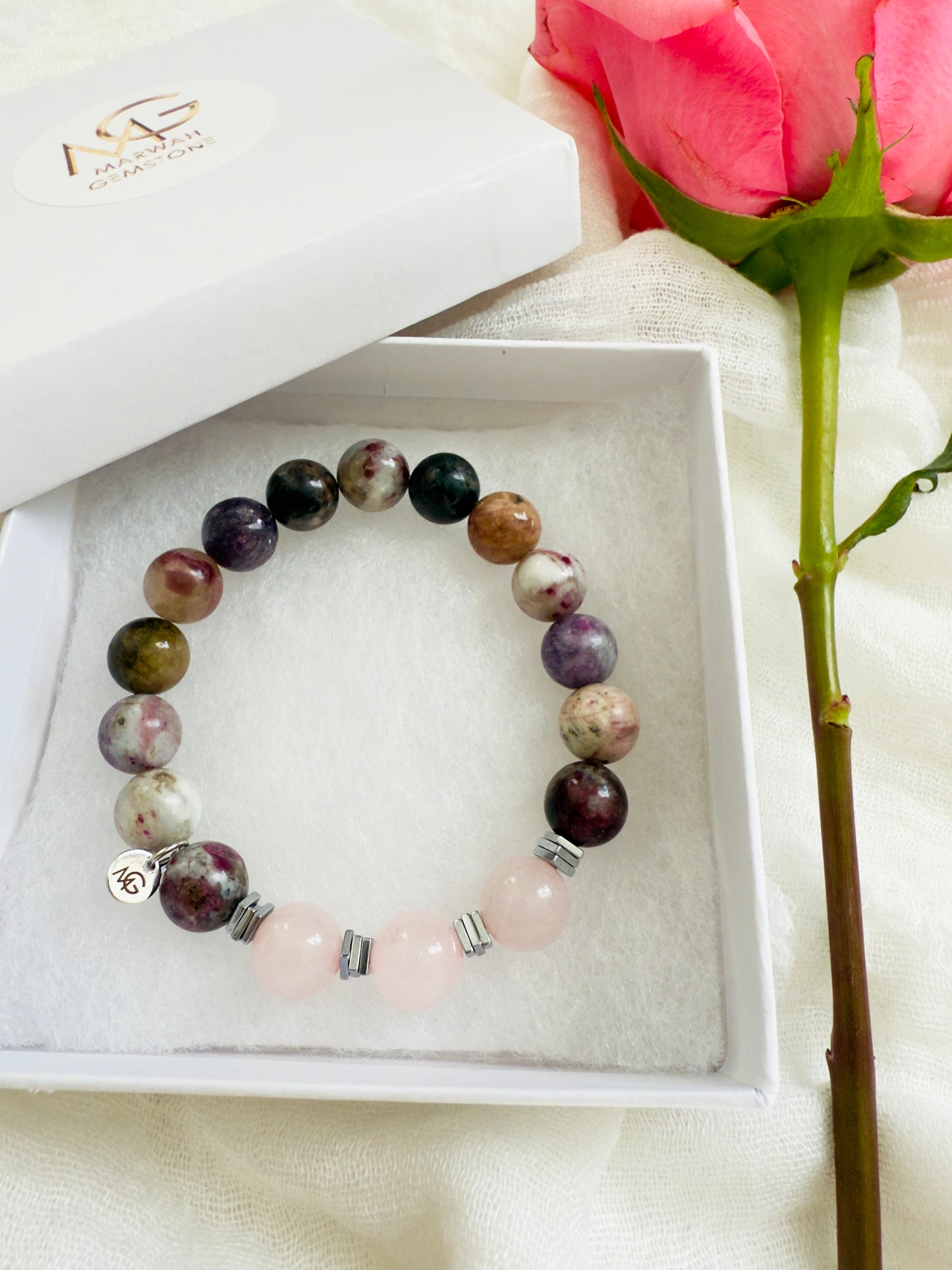 Tourmaline - Rose Quartz Bracelet With Hematite Spacers