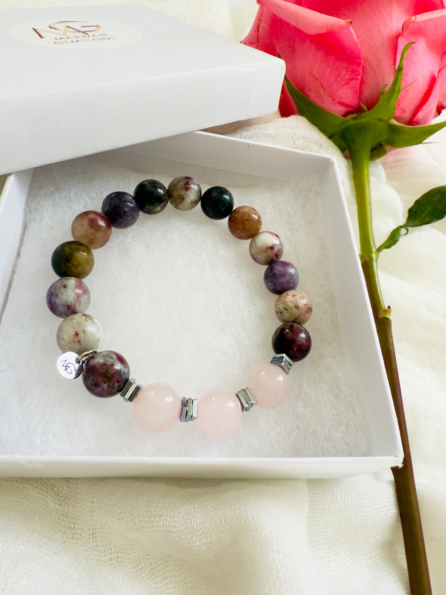 Tourmaline - Rose Quartz Bracelet With Hematite Spacers