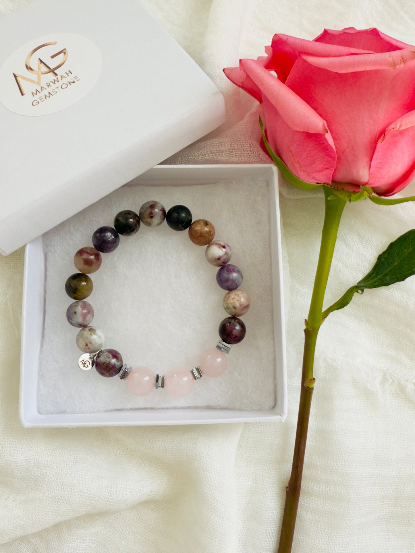 Tourmaline - Rose Quartz Bracelet With Hematite Spacers