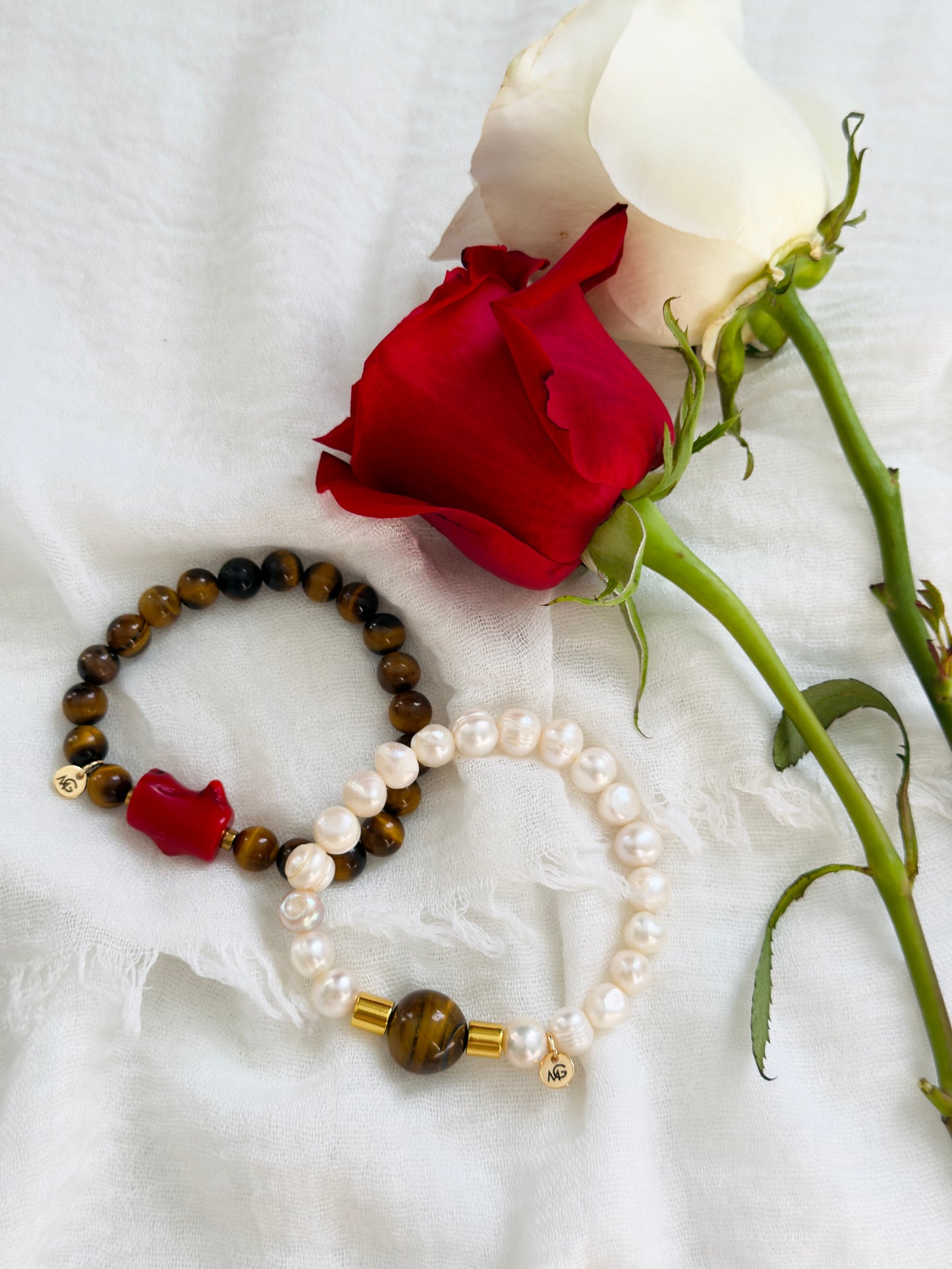 Tiger Eye - Natural Pearl - Natural Coral - Hematite Spacers Love Bracelet Set