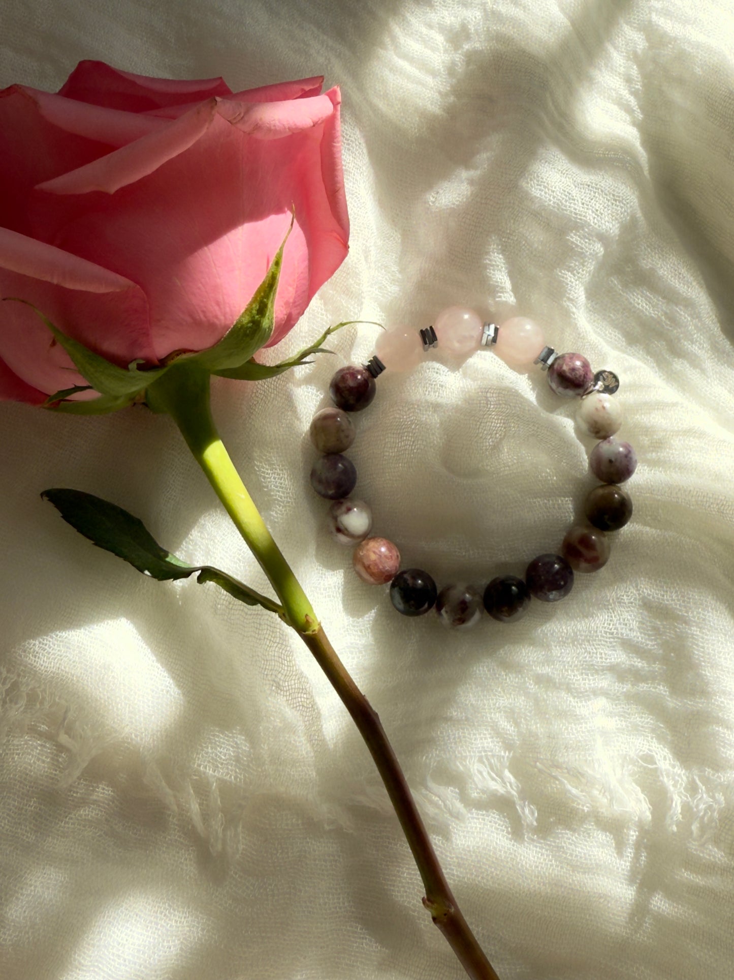 Tourmaline - Rose Quartz Bracelet With Hematite Spacers