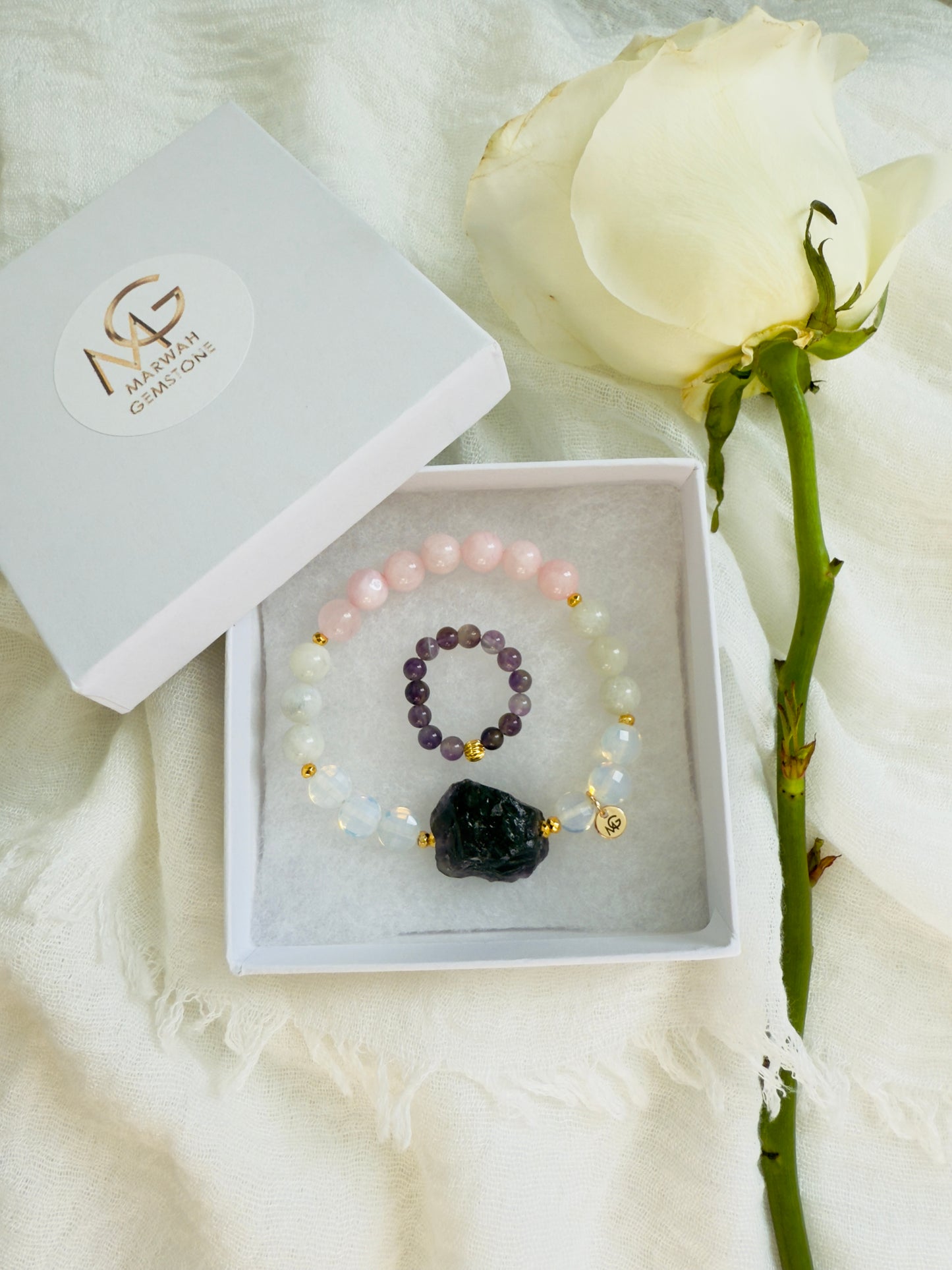 Rose Quartz - Faceted Opal - Moonstone - Raw Amethyst Bracelet + Amethyst Ring Set