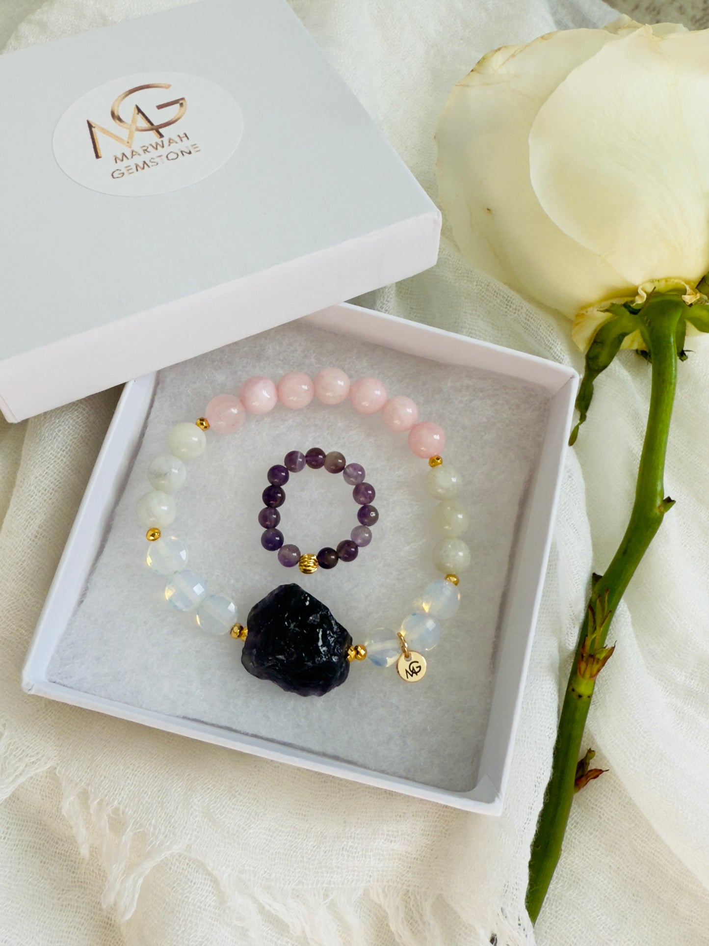 Rose Quartz - Faceted Opal - Moonstone - Raw Amethyst Bracelet + Amethyst Ring Set