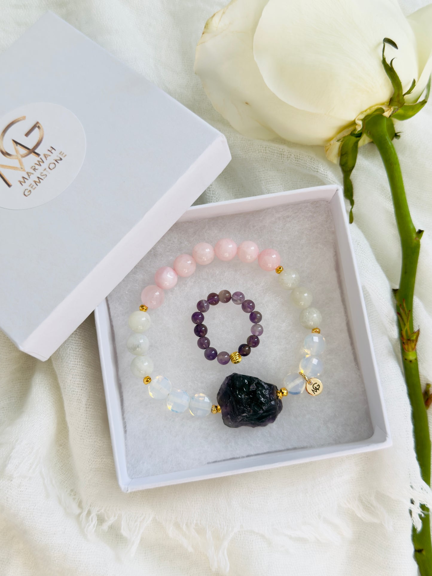 Rose Quartz - Faceted Opal - Moonstone - Raw Amethyst Bracelet + Amethyst Ring Set