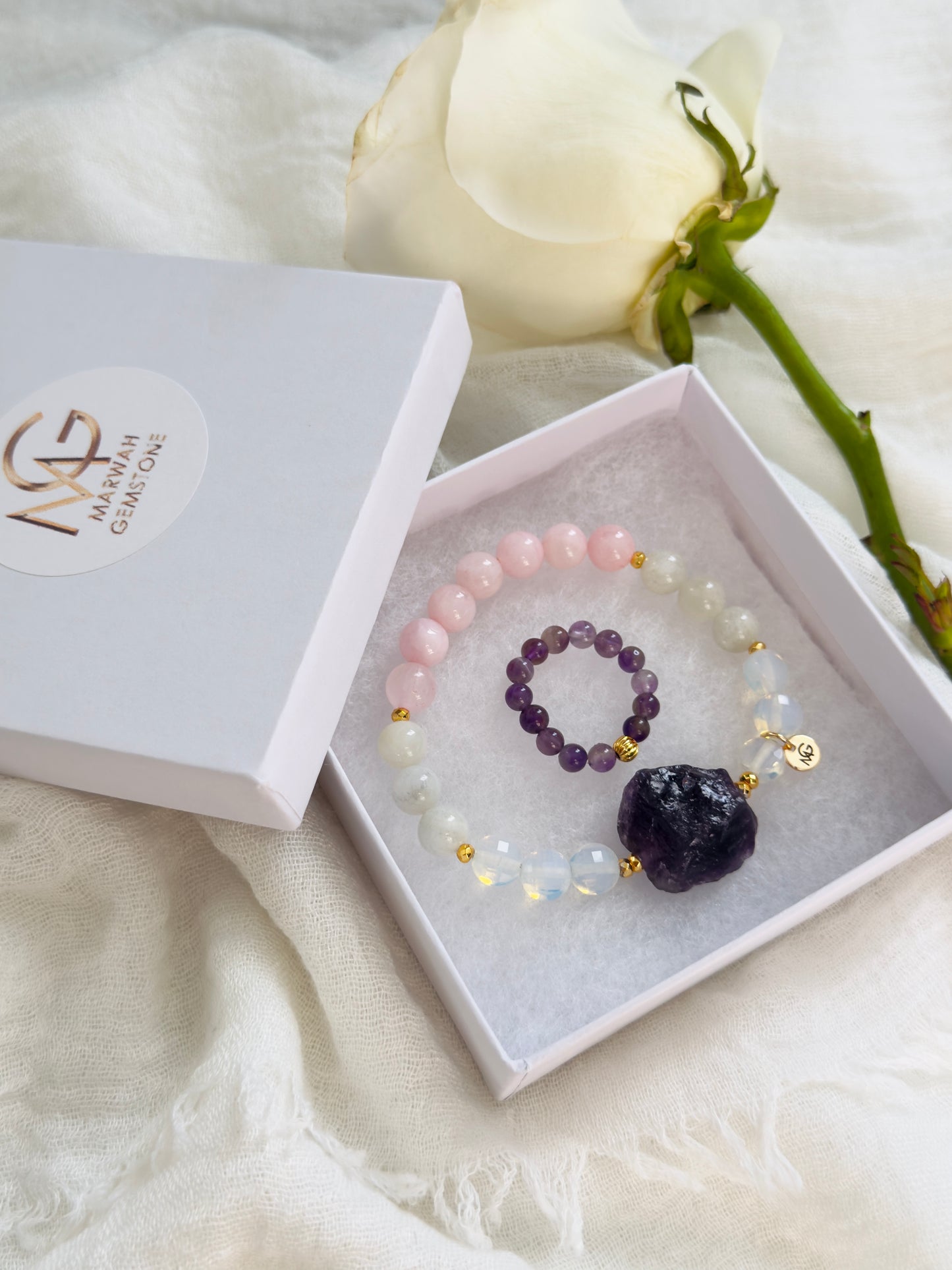 Rose Quartz - Faceted Opal - Moonstone - Raw Amethyst Bracelet + Amethyst Ring Set