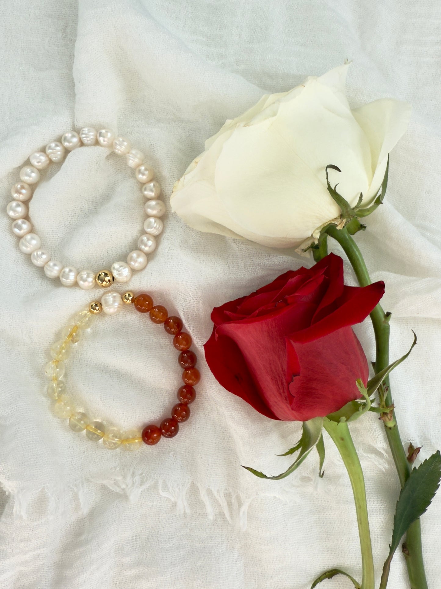 Red Agate - Citrine - Natural Pearl 2 Bracelets Set
