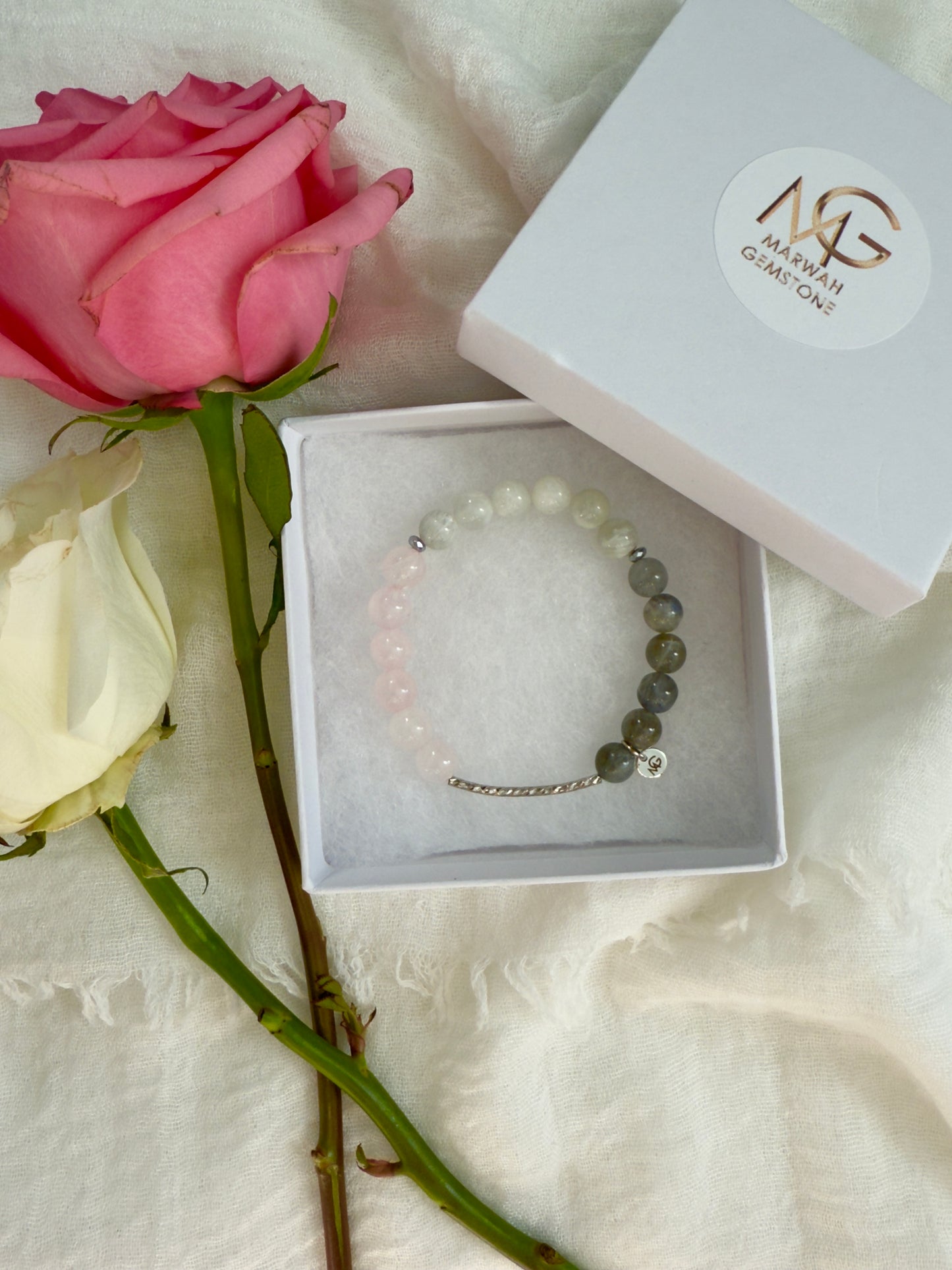 *Design of 2025* Moonstone - Labradorite - Rose Quartz Bracelet W/ Silver Curve