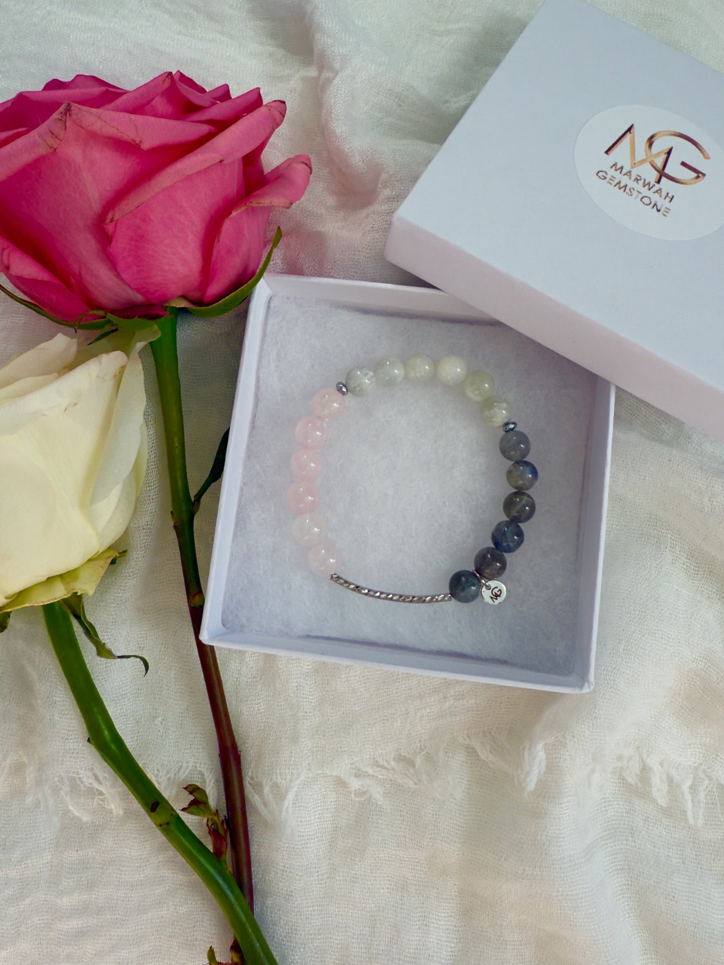*Design of 2025* Moonstone - Labradorite - Rose Quartz Bracelet W/ Silver Curve