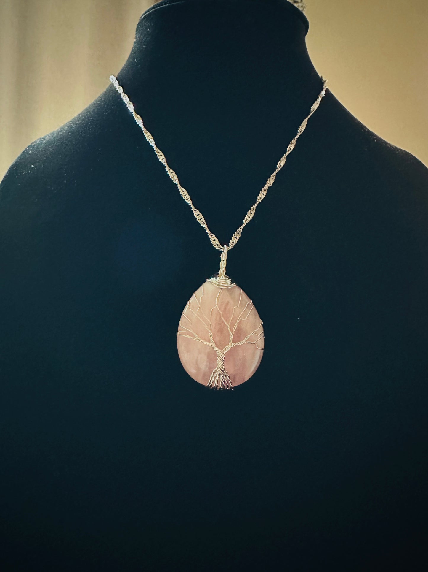 Rose Quartz Pendant Necklace With The Tree Of Life Handcrafted On It