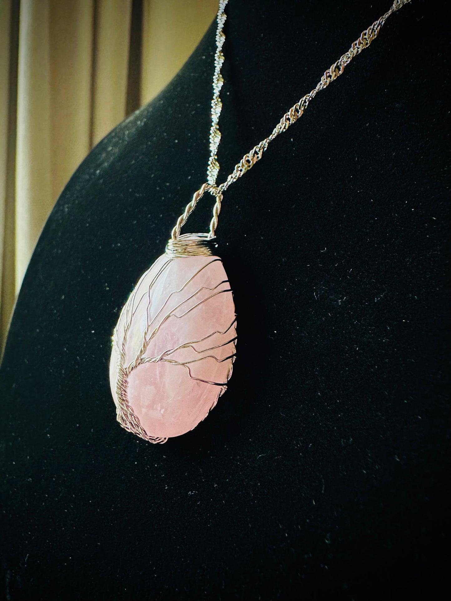 Rose Quartz Pendant Necklace With The Tree Of Life Handcrafted On It