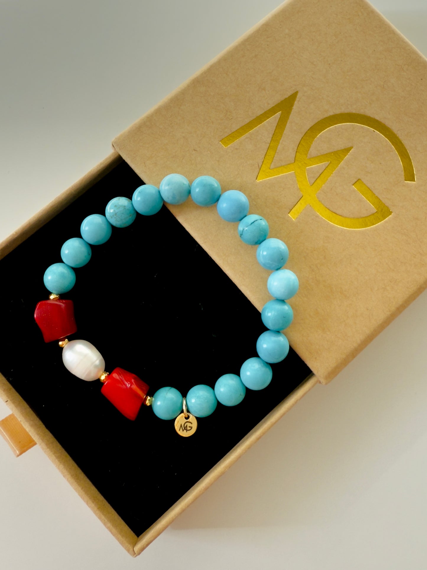 Original Turquoise - Natural Coral - Natural Pearl Bracelet With Hematite Spacers