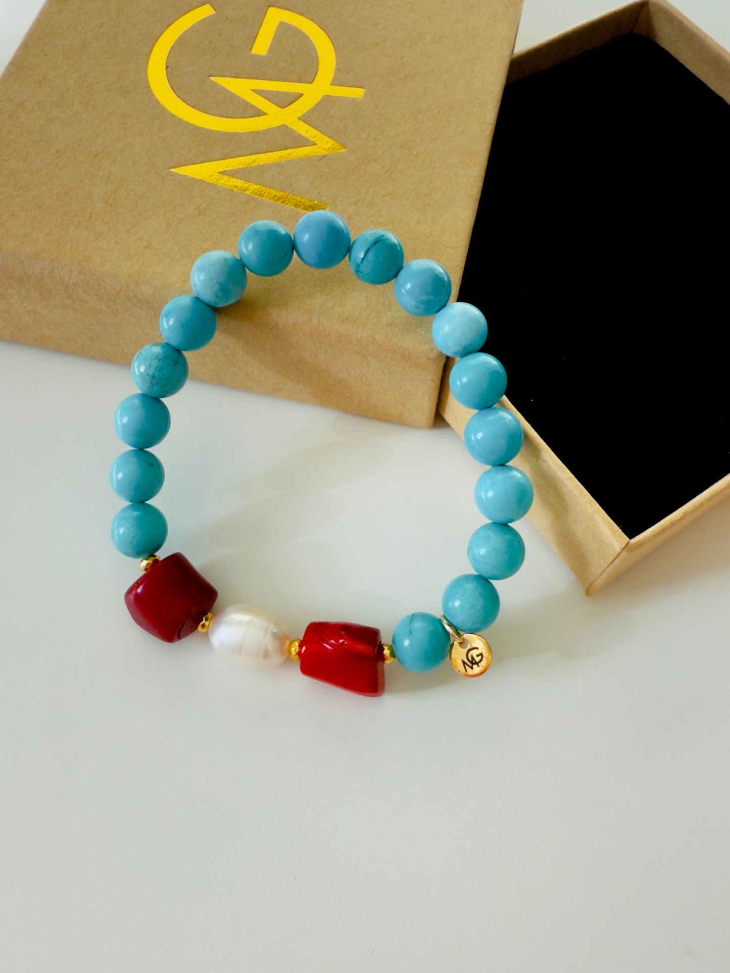 Original Turquoise - Natural Coral - Natural Pearl Bracelet With Hematite Spacers