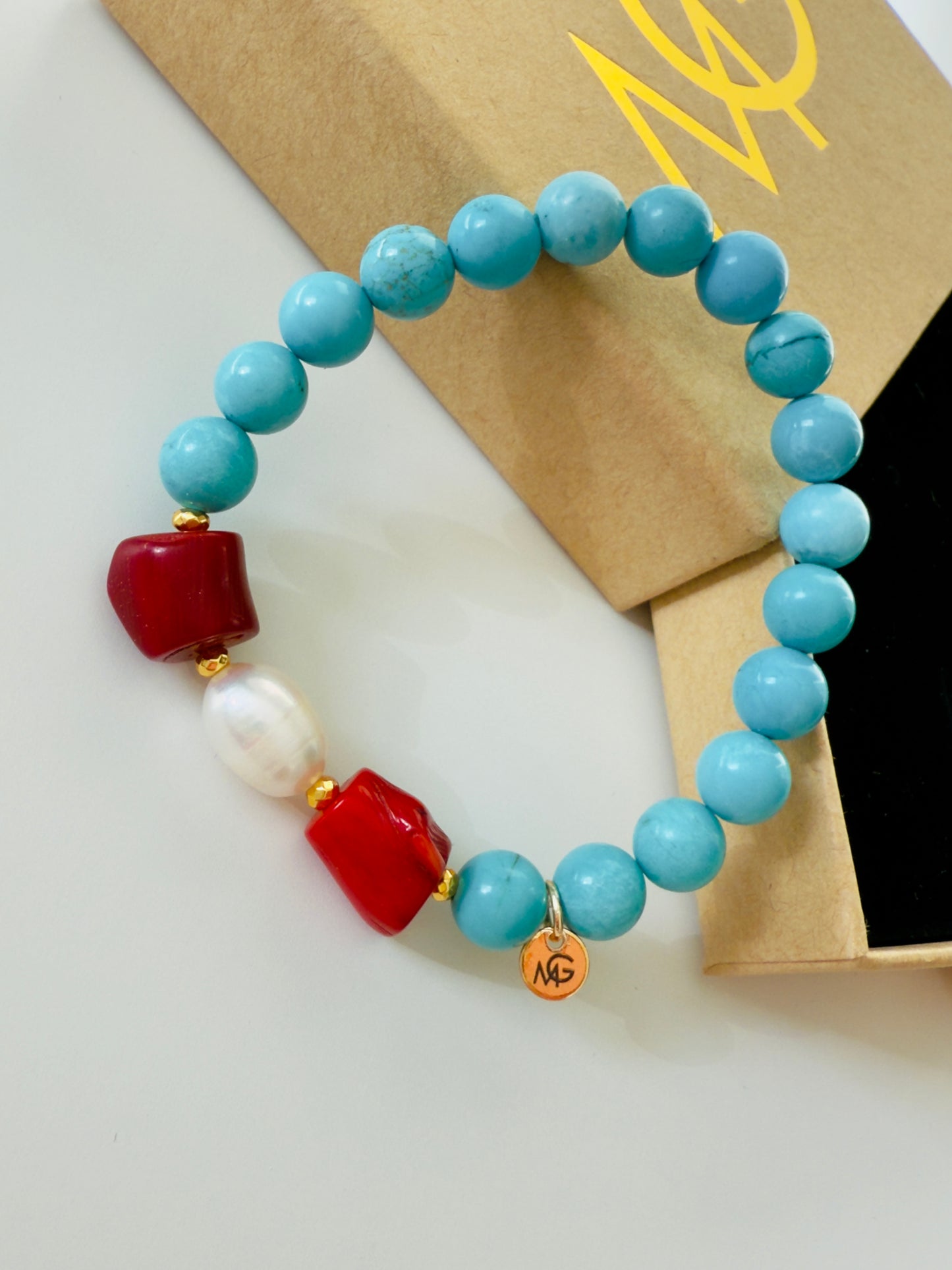 Original Turquoise - Natural Coral - Natural Pearl Bracelet With Hematite Spacers