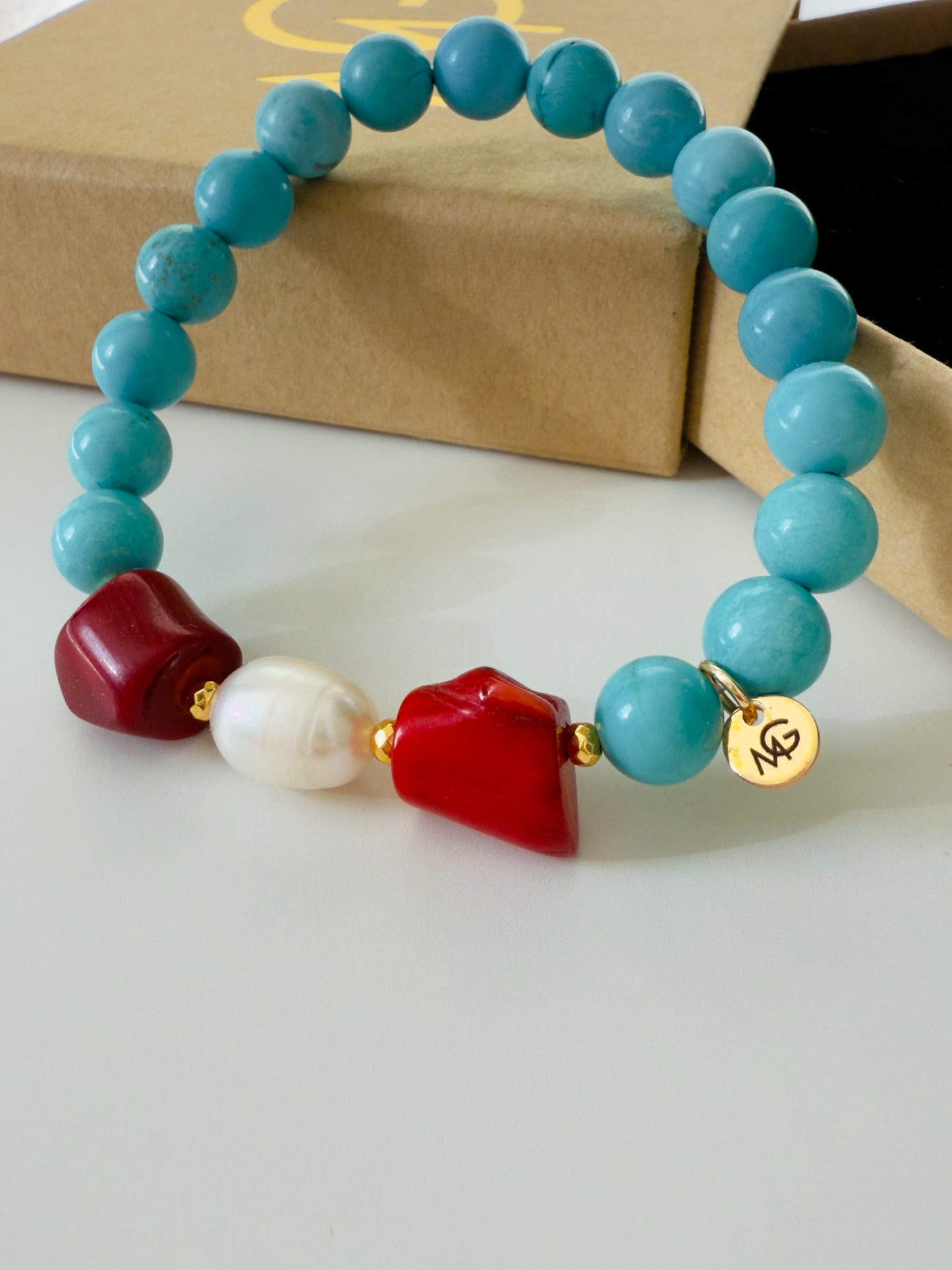 Original Turquoise - Natural Coral - Natural Pearl Bracelet With Hematite Spacers