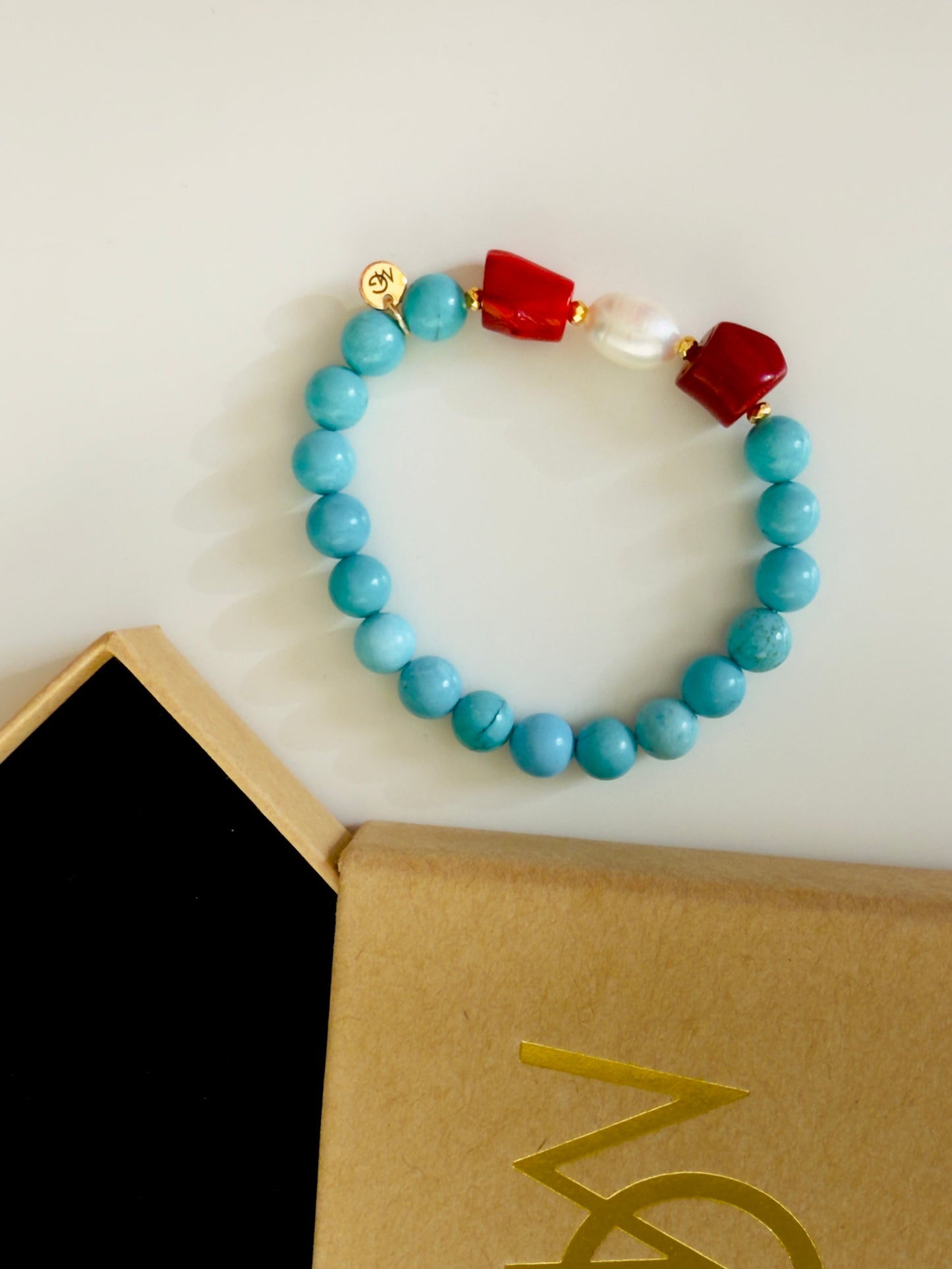 Original Turquoise - Natural Coral - Natural Pearl Bracelet With Hematite Spacers