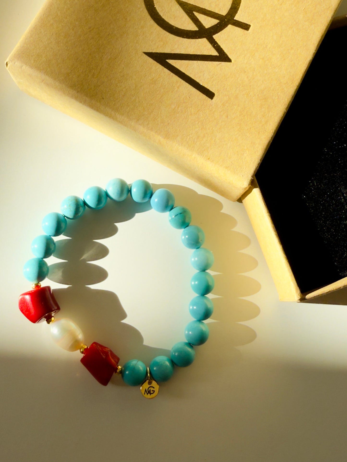 Original Turquoise - Natural Coral - Natural Pearl Bracelet With Hematite Spacers