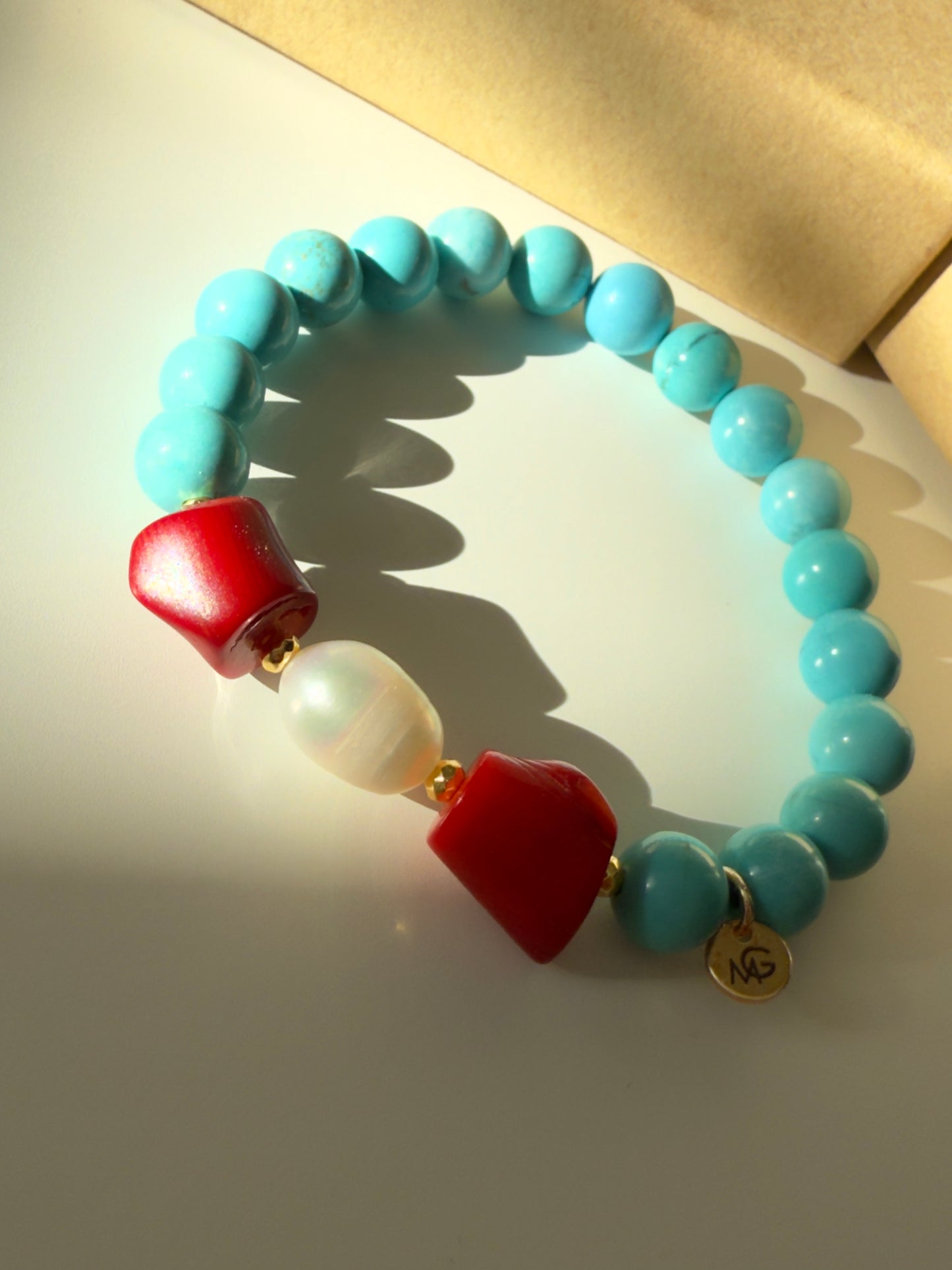 Original Turquoise - Natural Coral - Natural Pearl Bracelet With Hematite Spacers