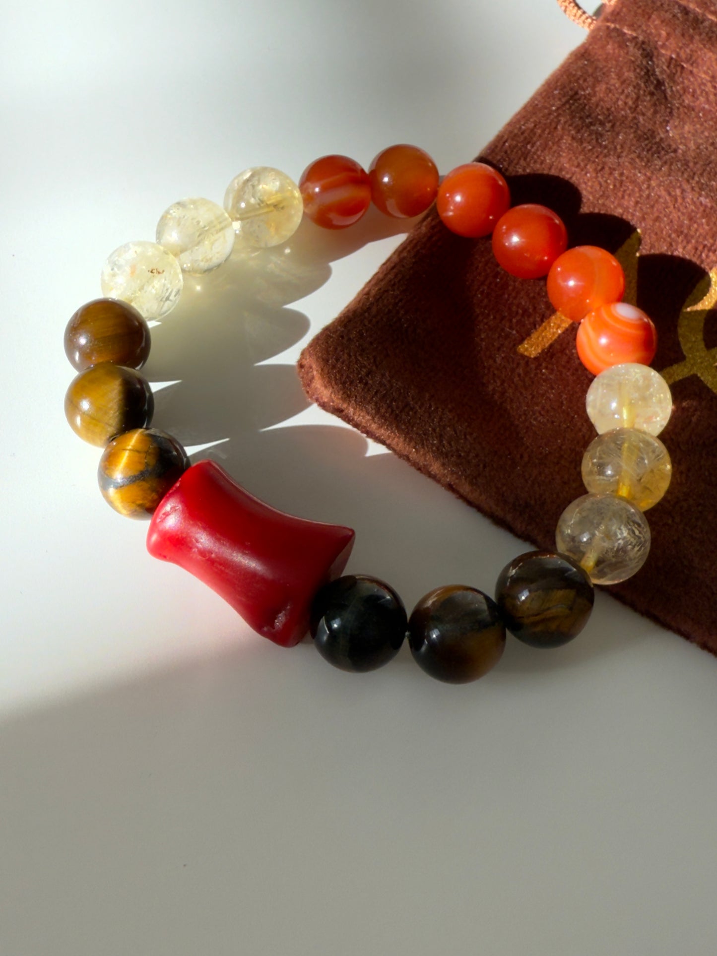 Natural Coral - Citrine - Red Agate - Tiger Eye Bracelet