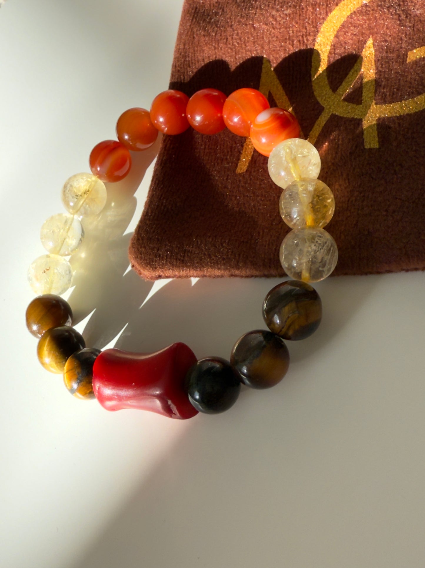 Natural Coral - Citrine - Red Agate - Tiger Eye Bracelet