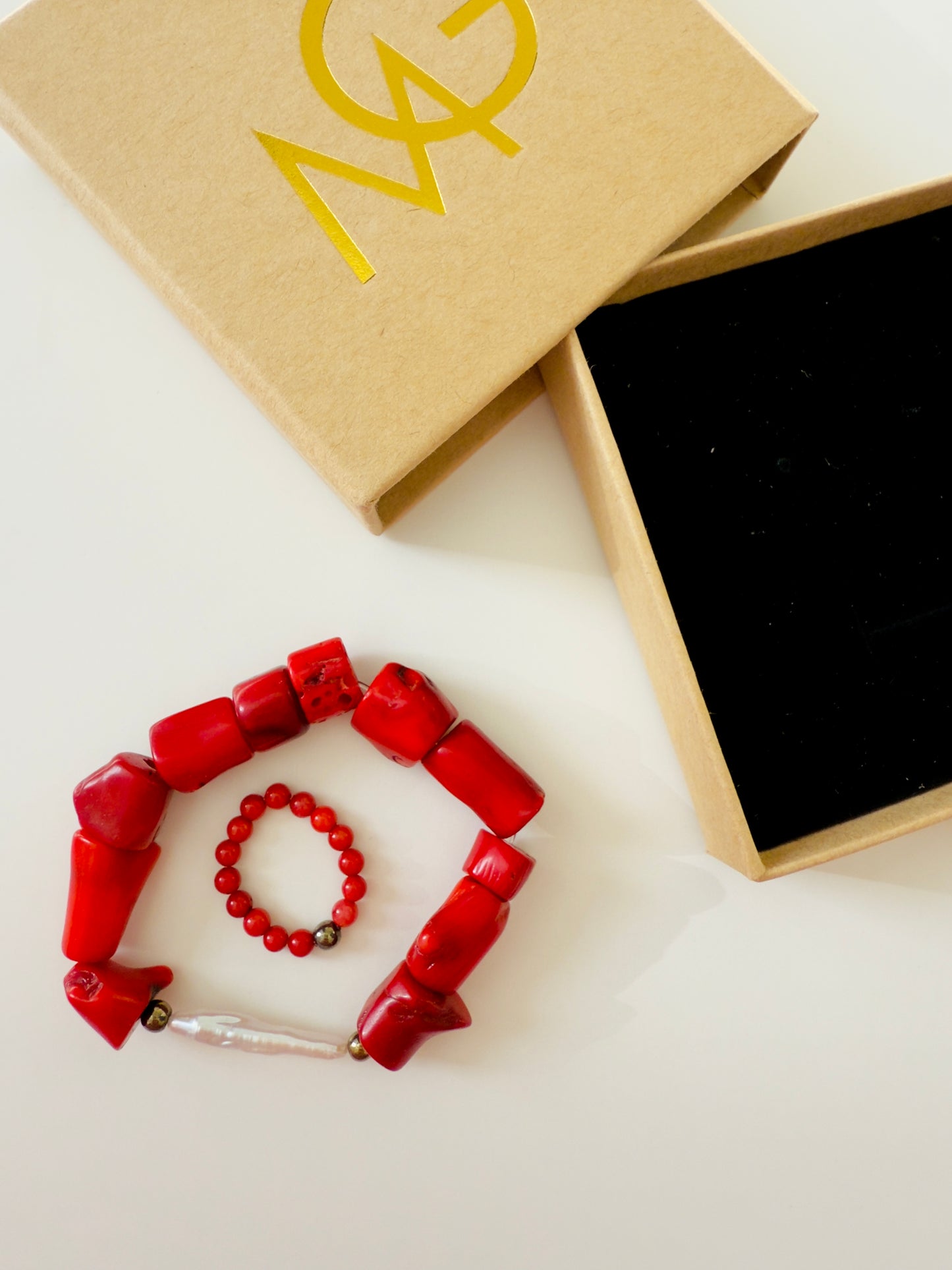 Natural Coral - Natural Pearl Bracelet + Coral Ring Set