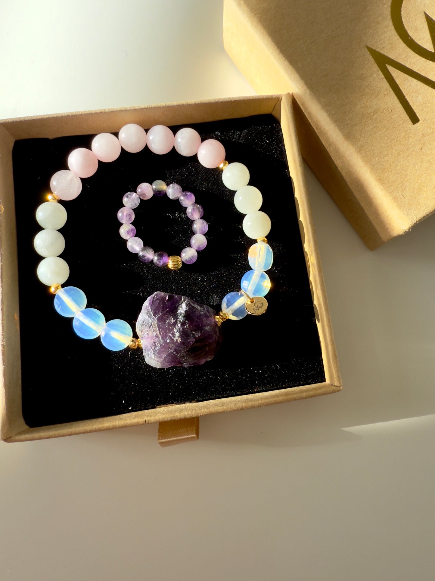Rose Quartz - Faceted Opal - Moonstone - Raw Amethyst Bracelet + Amethyst Ring Set