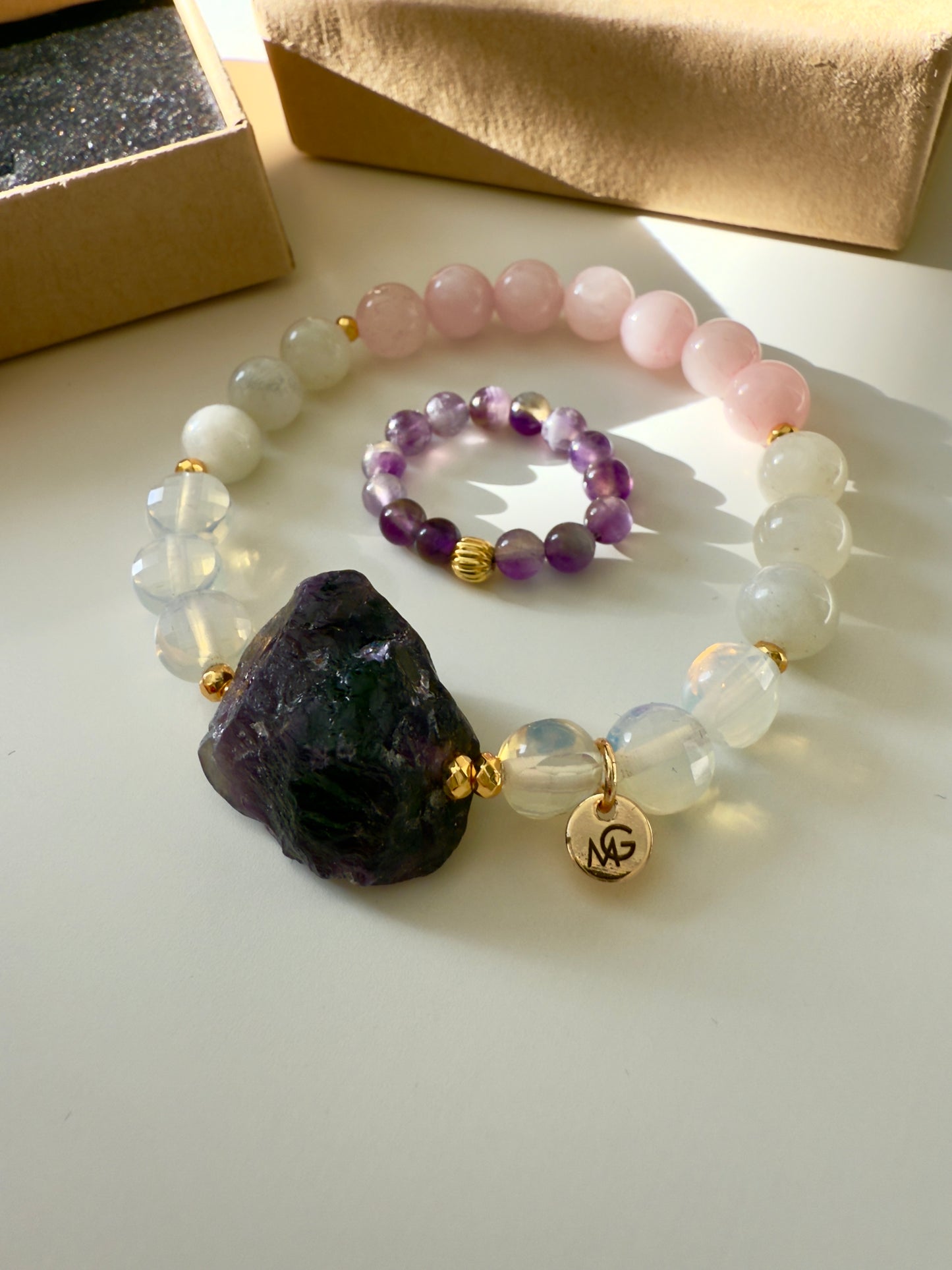 Rose Quartz - Faceted Opal - Moonstone - Raw Amethyst Bracelet + Amethyst Ring Set