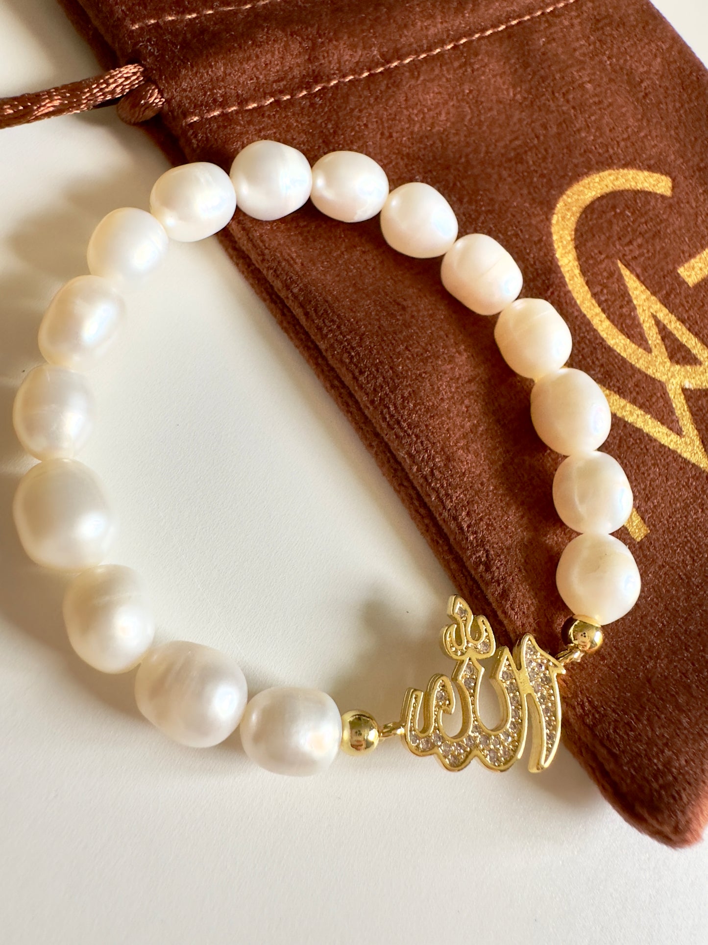 لؤلؤة طبيعية من المياه العذبة عليها اسم الله مطلية بالذهب 18+ خاتم لؤلؤ