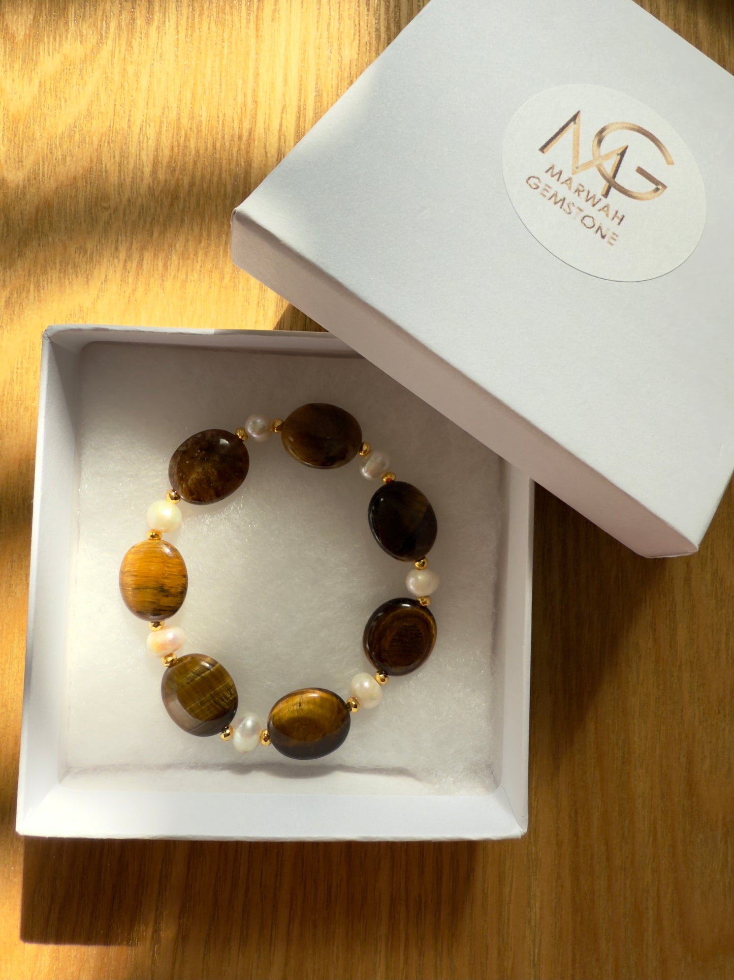 Tiger Eye - Natural Pearl Bracelet With Hematite Spacers