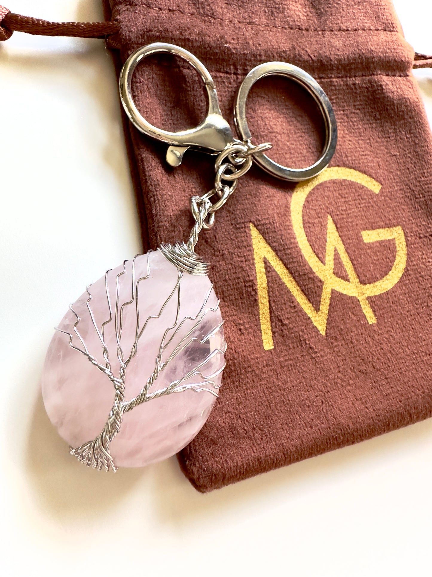 Rose Quartz Pendant Keychain With The Tree Of Life Handcrafted On It