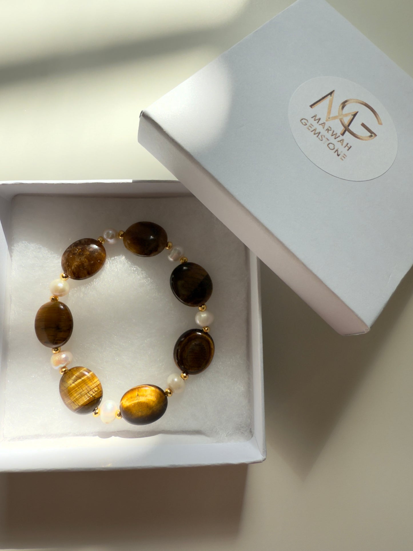Tiger Eye - Natural Pearl Bracelet With Hematite Spacers