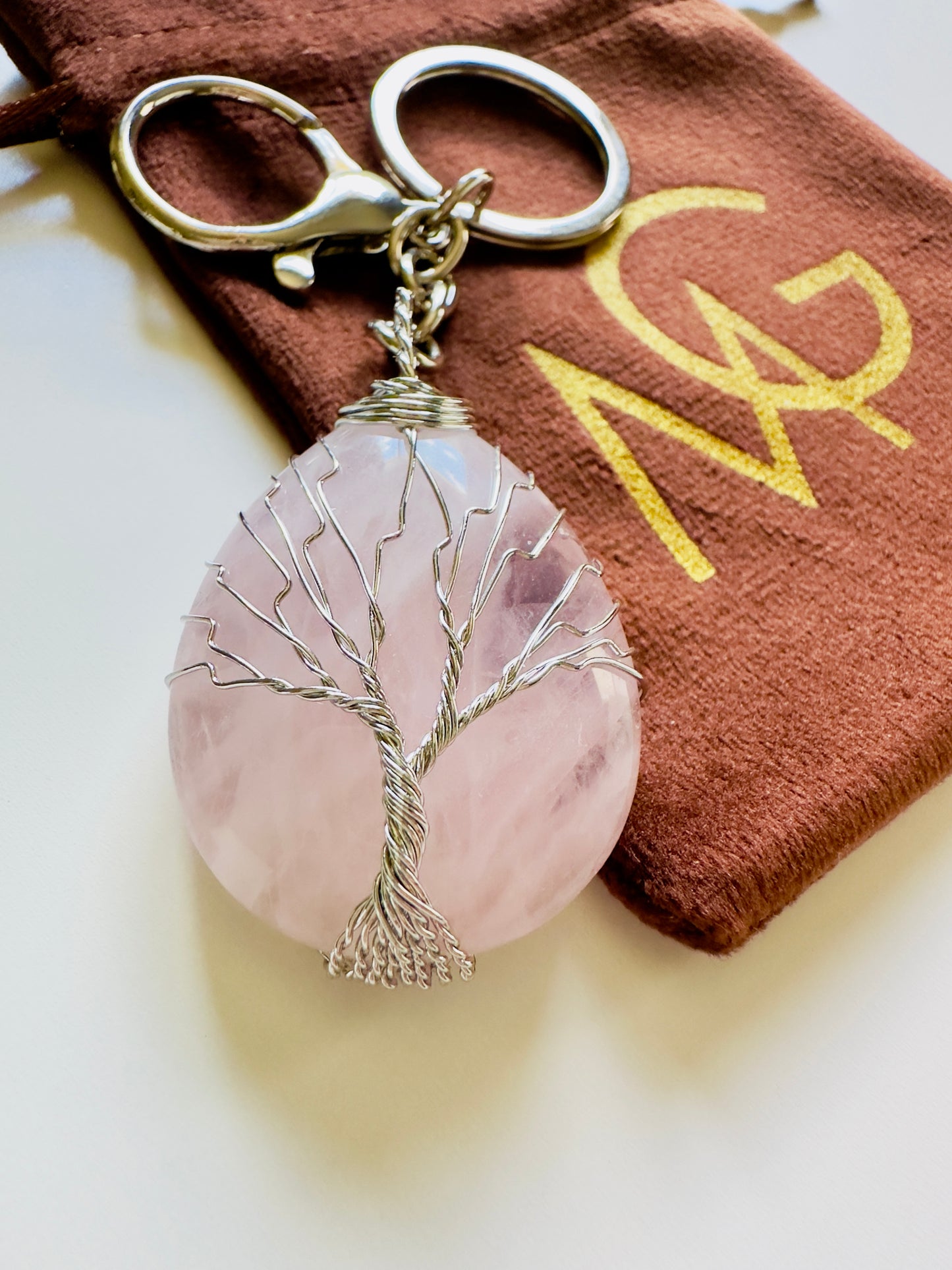 Rose Quartz Pendant Keychain With The Tree Of Life Handcrafted On It