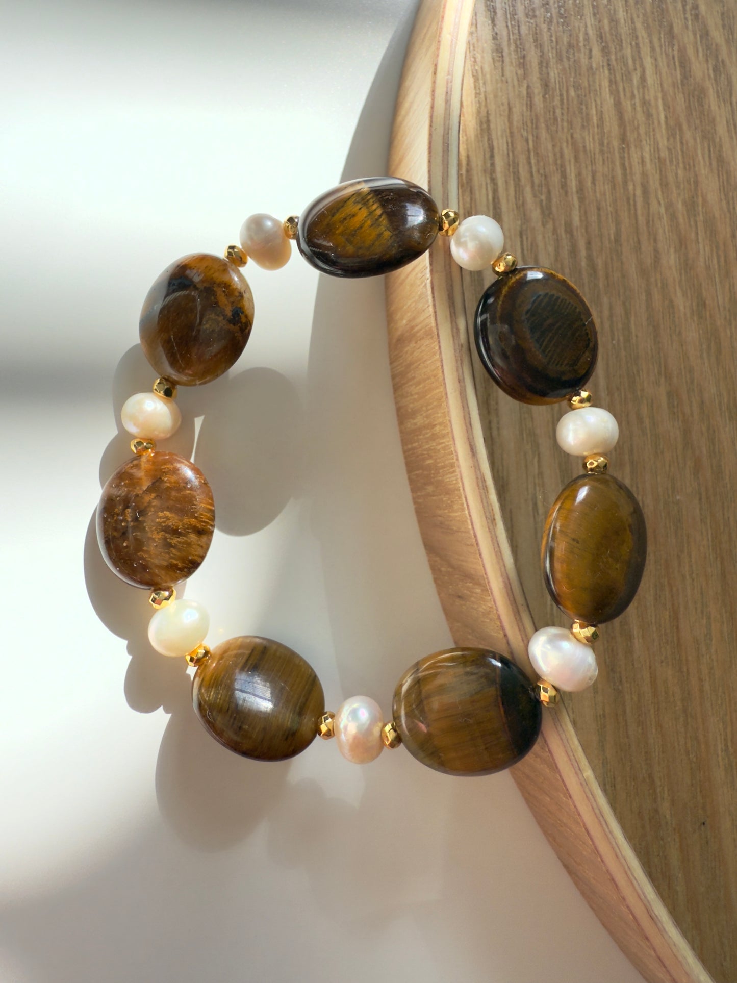 Tiger Eye - Natural Pearl Bracelet With Hematite Spacers