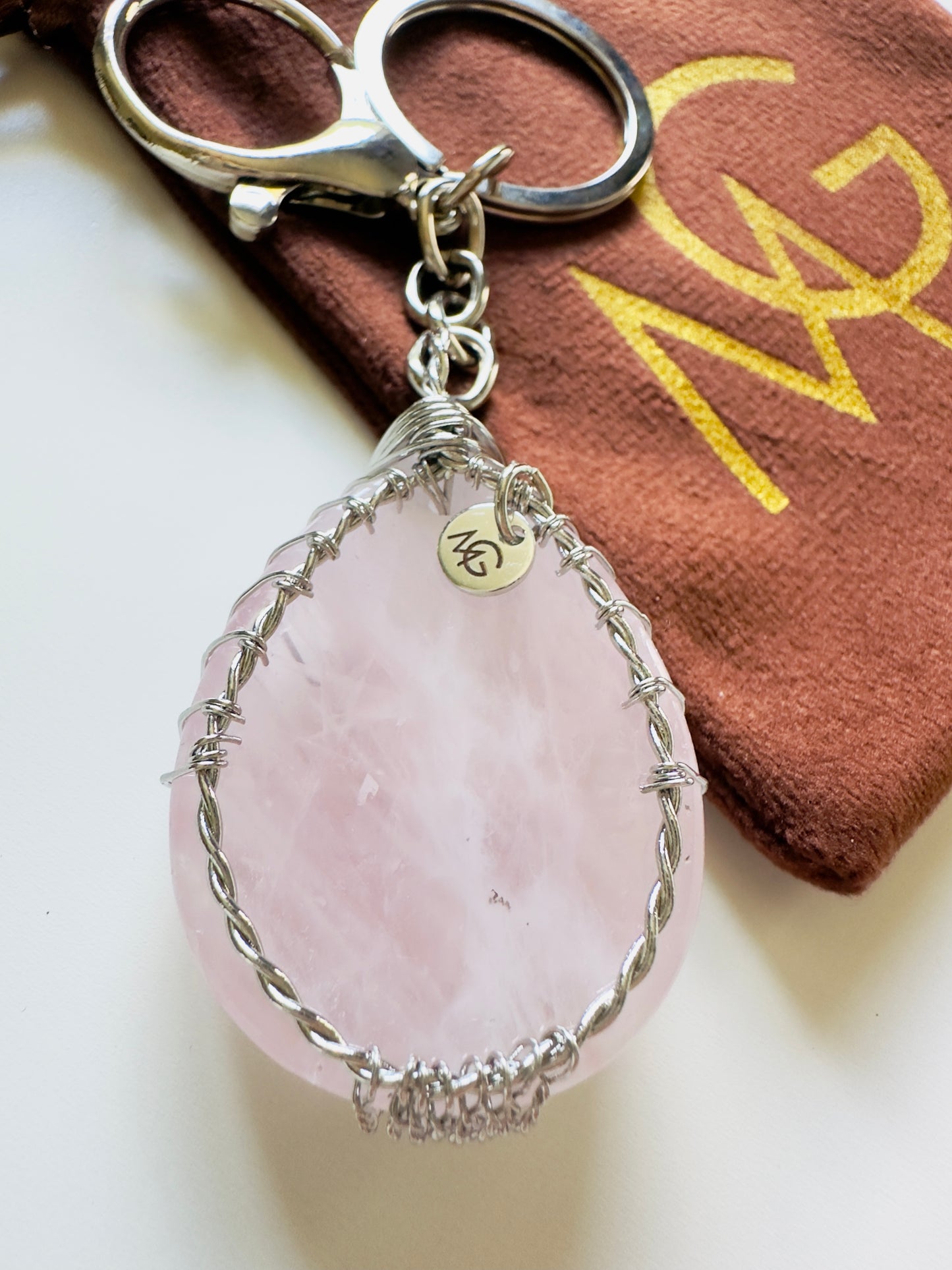 Rose Quartz Pendant Keychain With The Tree Of Life Handcrafted On It
