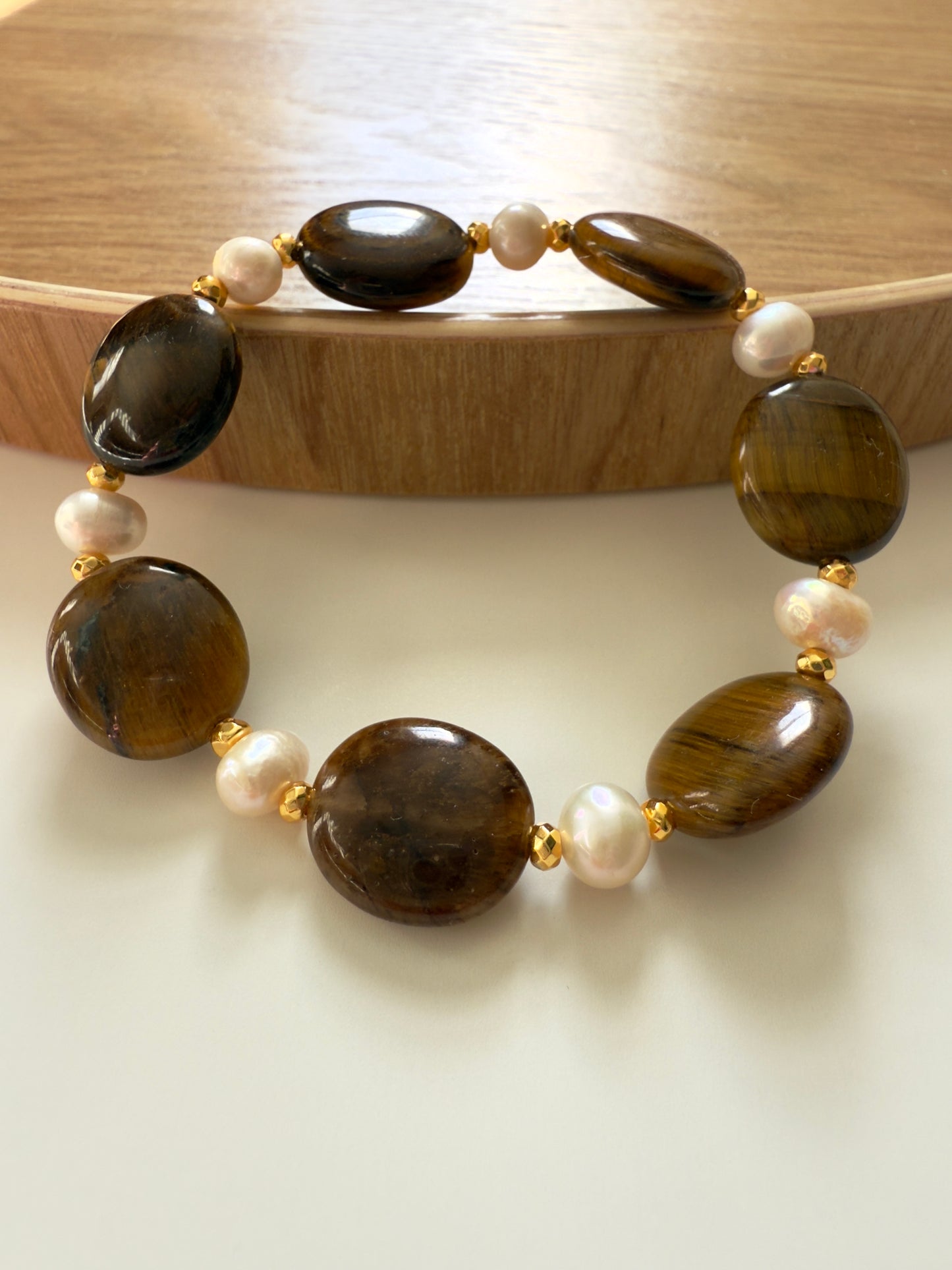 Tiger Eye - Natural Pearl Bracelet With Hematite Spacers