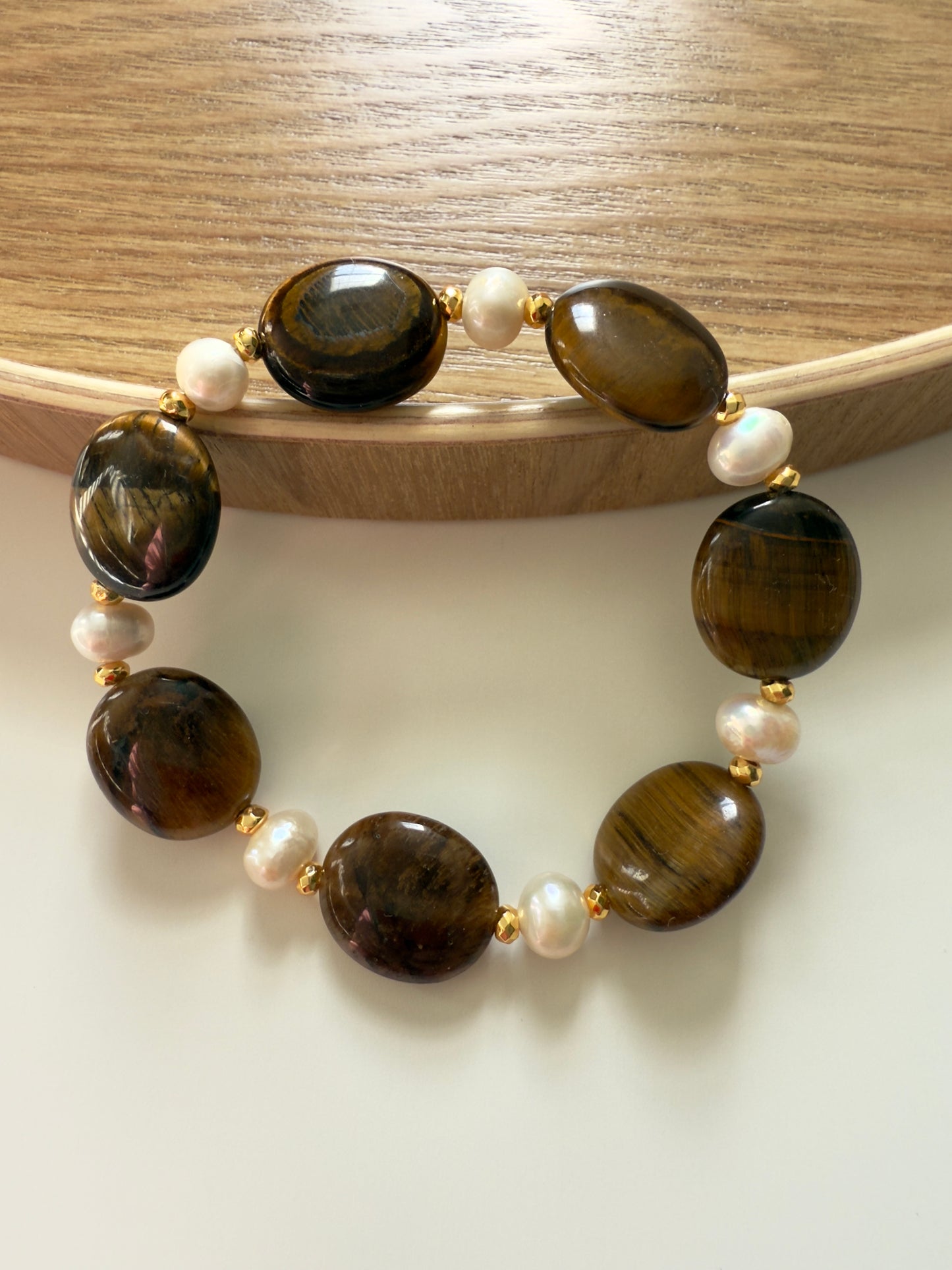 Tiger Eye - Natural Pearl Bracelet With Hematite Spacers