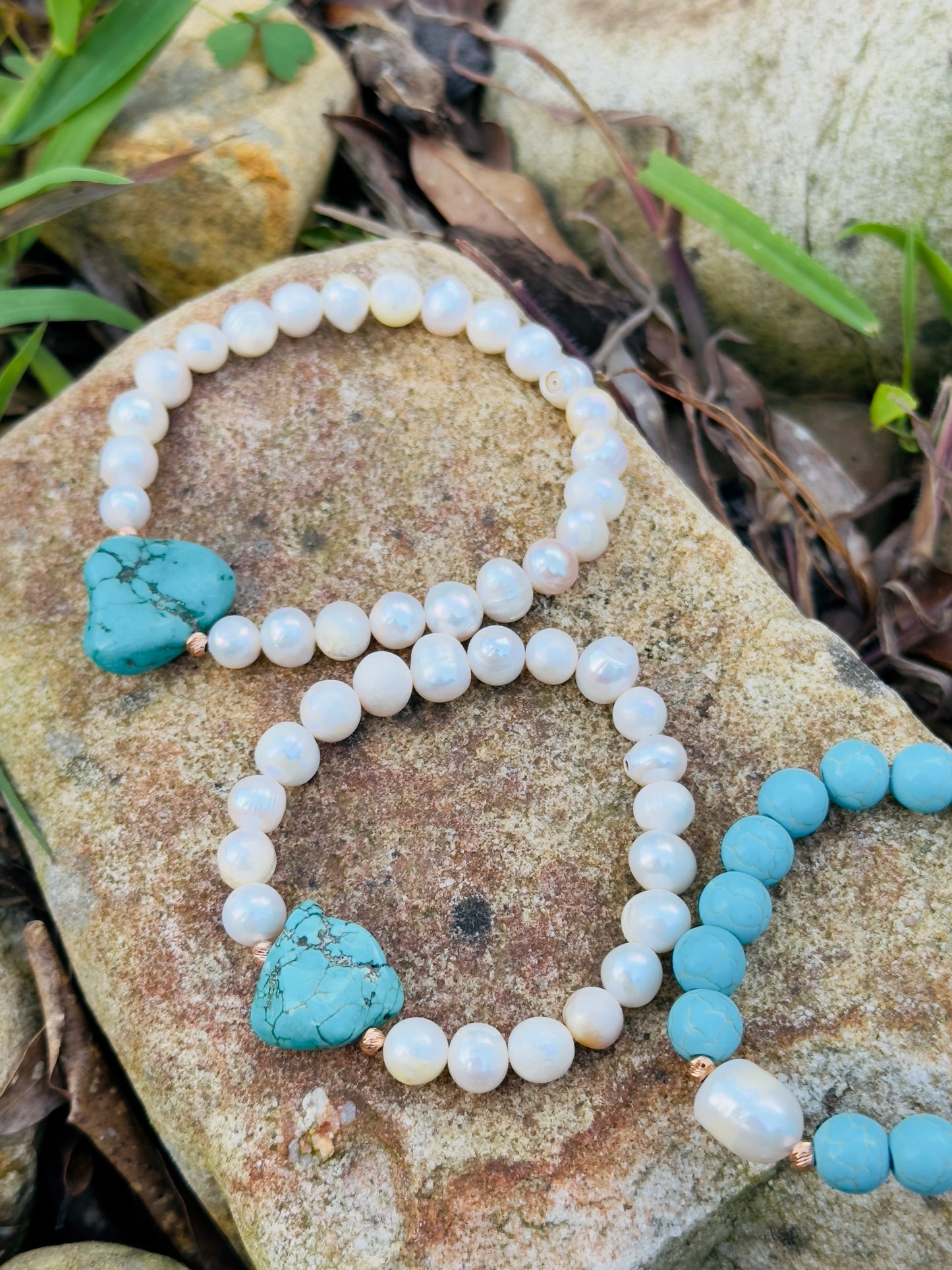 Mum and Daughters Turquoise - Natural Pearl Bracelet Set W/ Rosegold 21-K Spacers