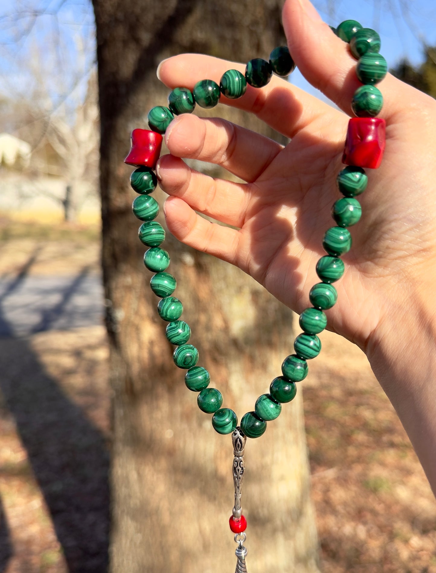 Malachite - Natural Coral 33-Bead Misbaha With Silver 925