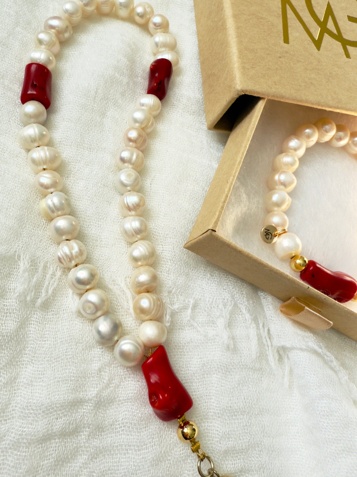 Natural Pearl - Coral 33-Bead Misbaha + Bracelet Set