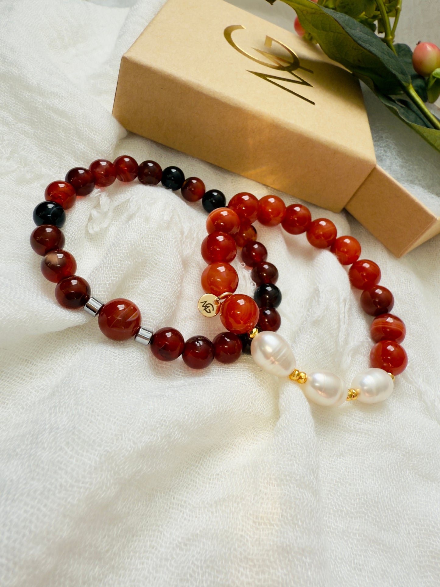 Man + Woman Bracelet Set of Liver Agate, Red Agate, and Freshwater Pearls