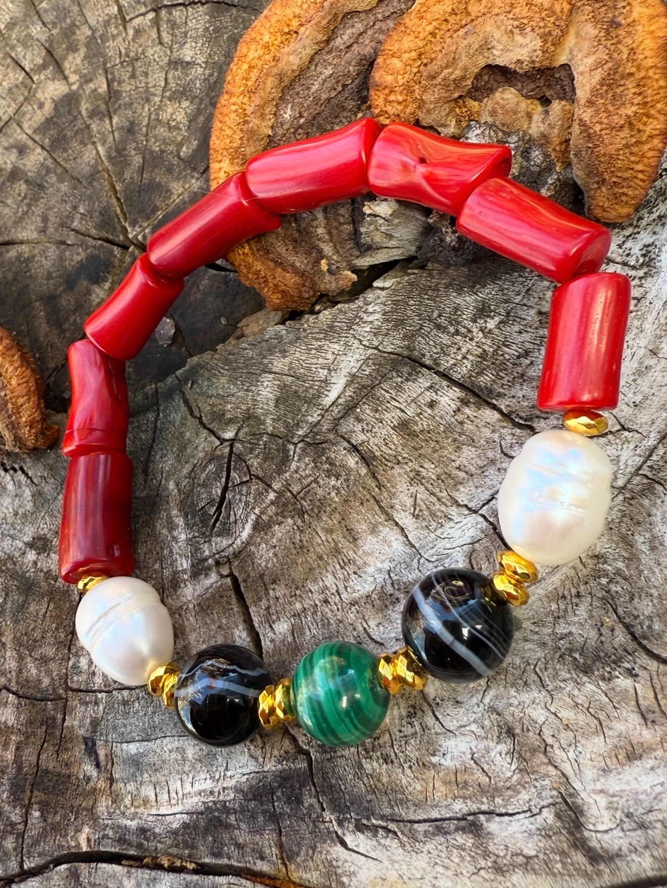 Natural Coral - Natural Pearl - Black Agate - Malachite Bracelet With Hematite Spacers