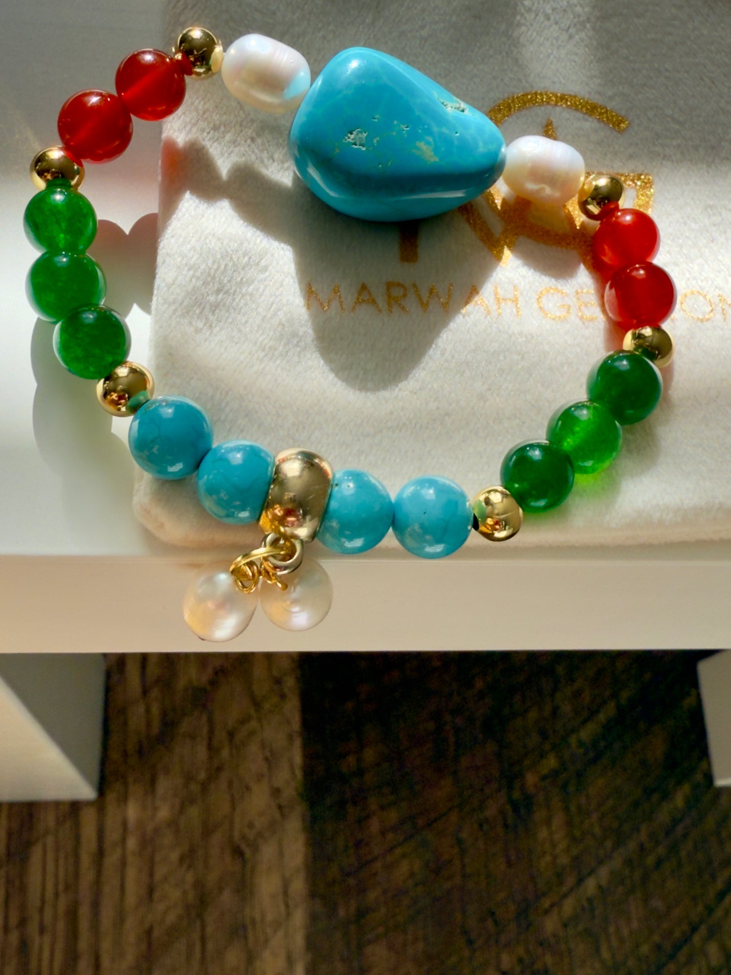 Raw Turquoise - Natural Pearl - Green Jade - Carnelian Bracelet with Natural Pearl Charm