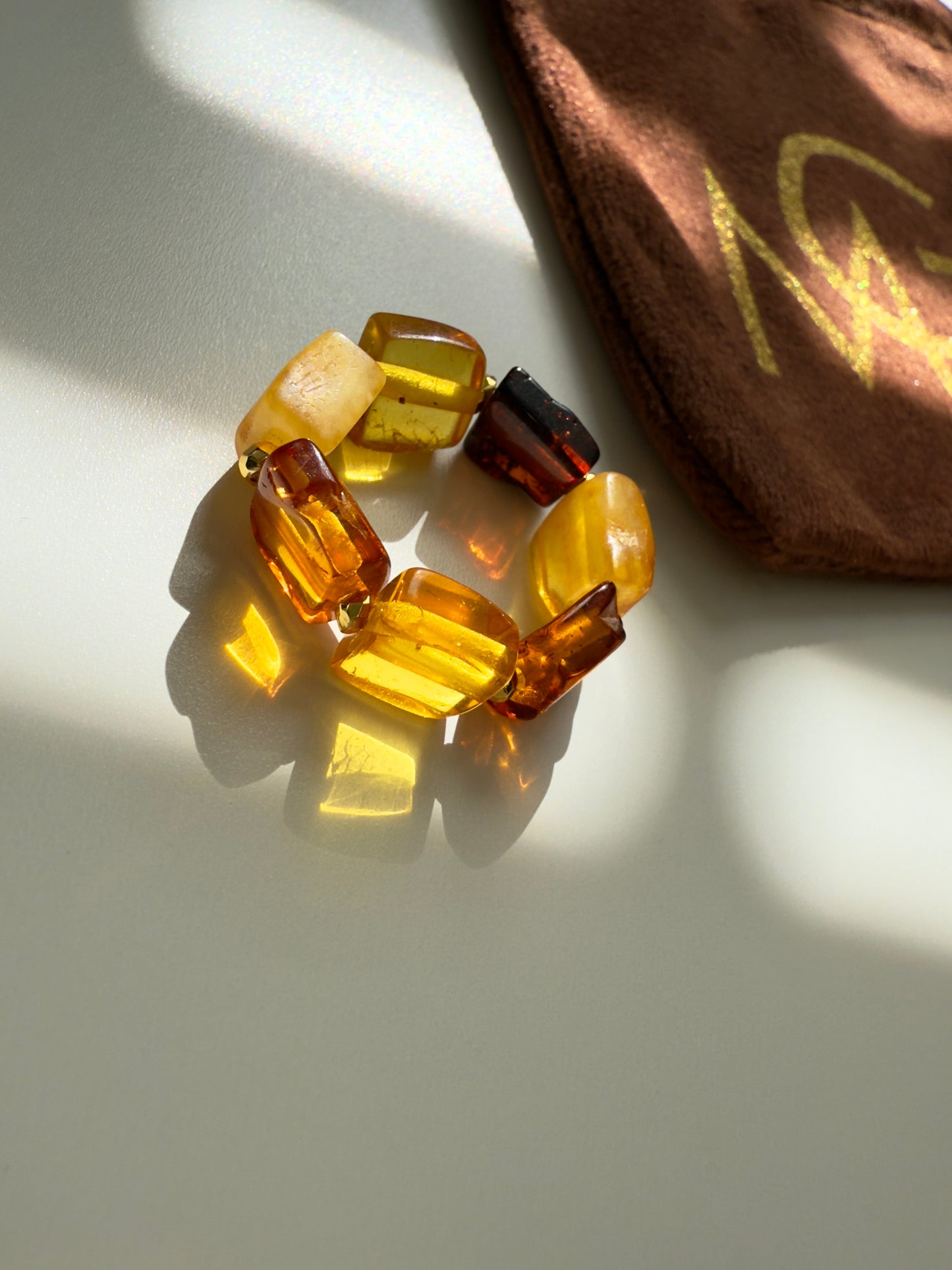 Natural Amber - Freshwater Pearl Bracelet + Ring Set with Hematite Spacers