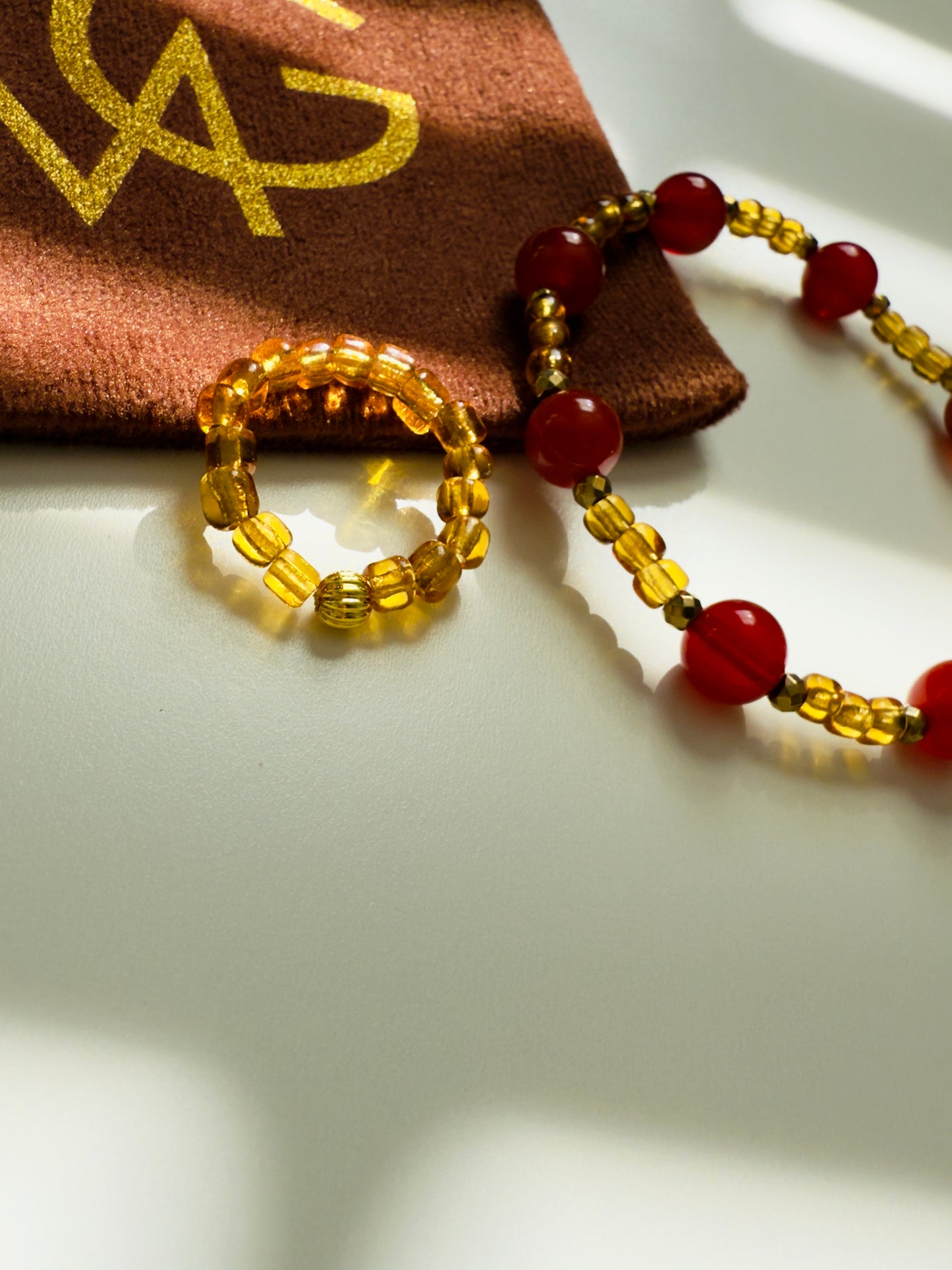 Natural Amber - Carnelian Bracelet + Ring Set with Hematite Spacers