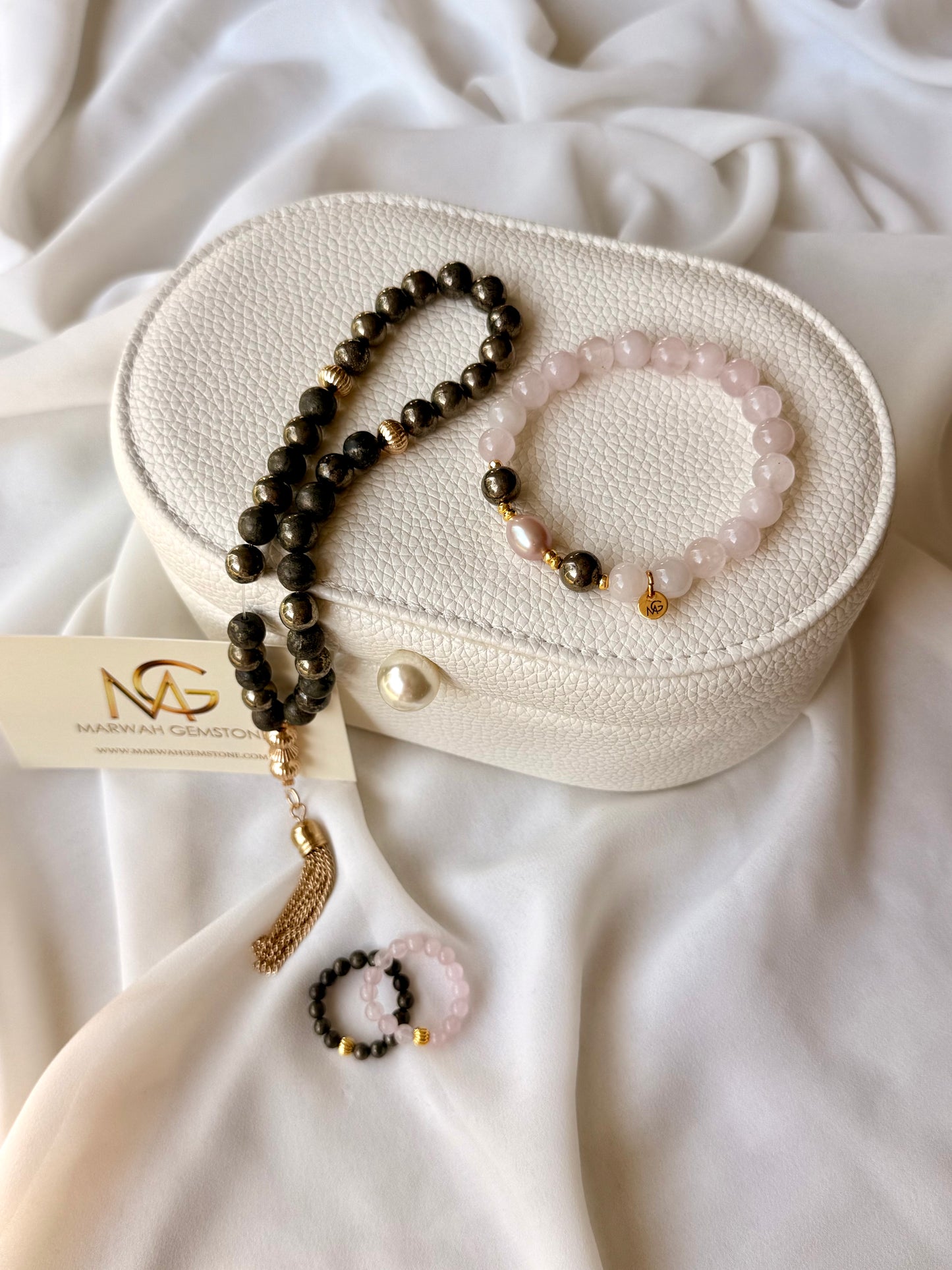 33-Bead Pyrite Misbaha with Rose Quartz - Natural Pink Toned Pearl Bracelet and Rings Set