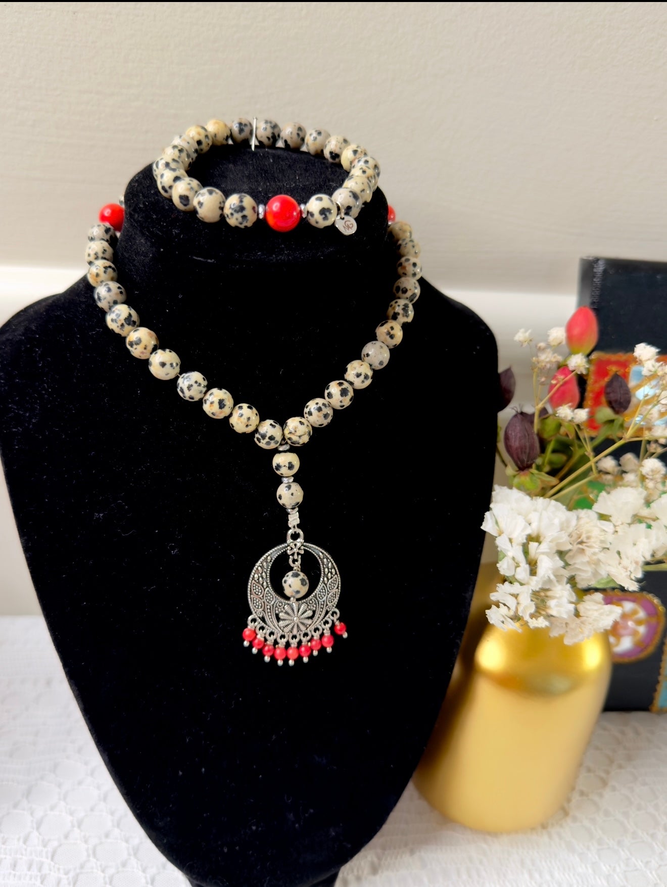 Dalmatian - Natural Coral Misbaha + Bracelet Set