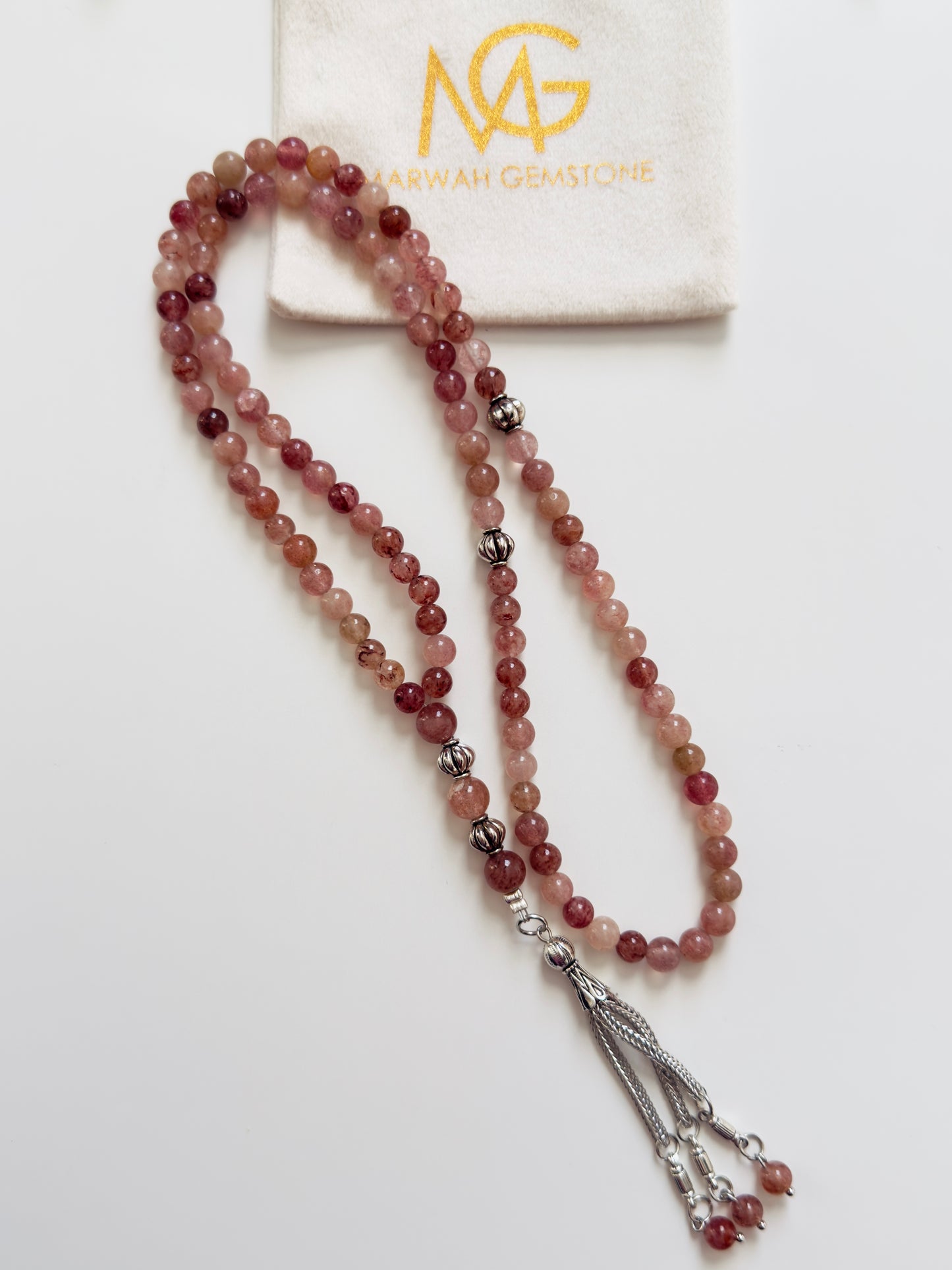 Strawberry Quartz 99-Bead Misbaha With Metal Spacers