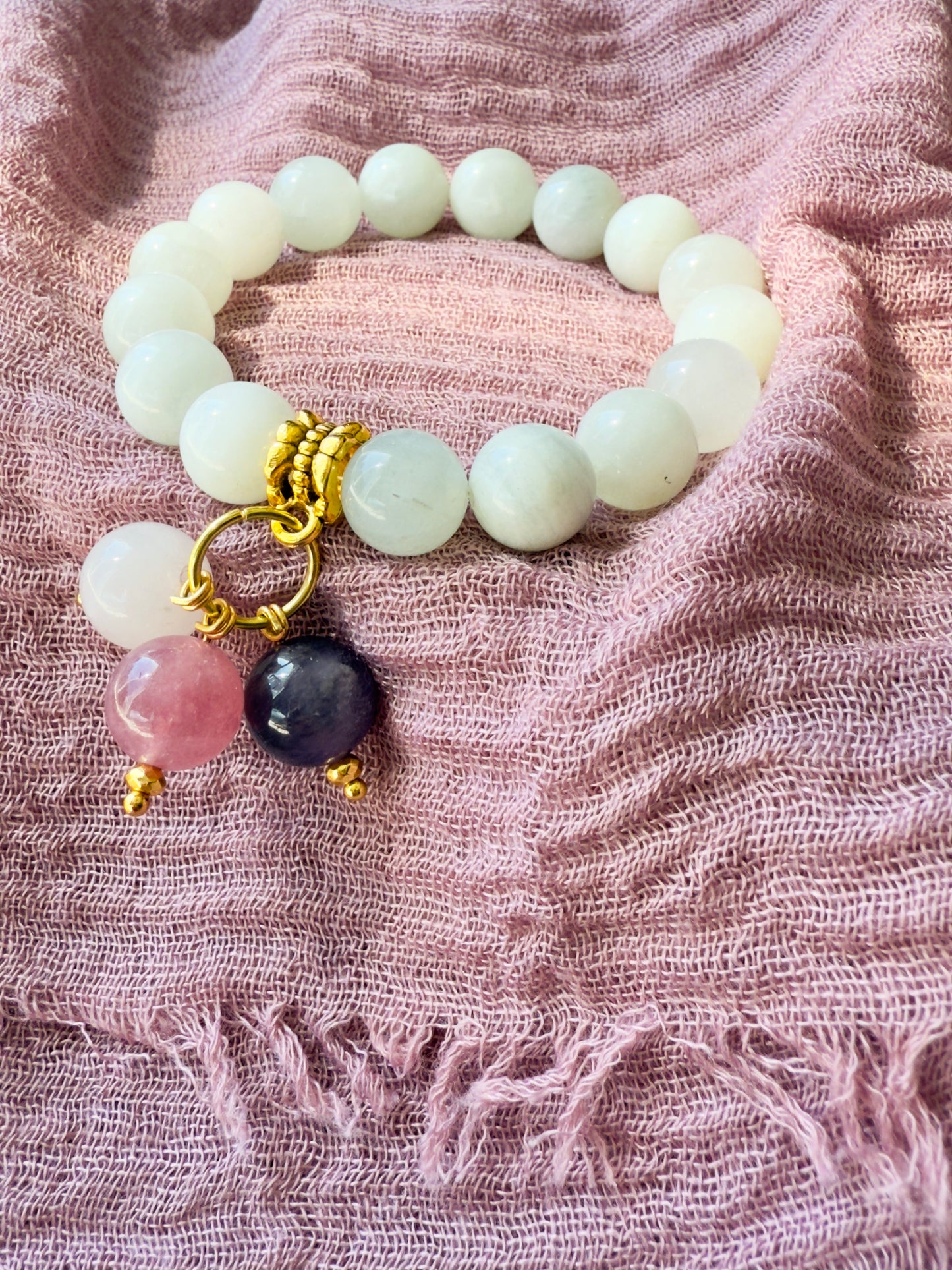 **NEW DESIGN** Moonstone Bracelet With Charms (Amethyst, Strawberry and Rose Quartz )